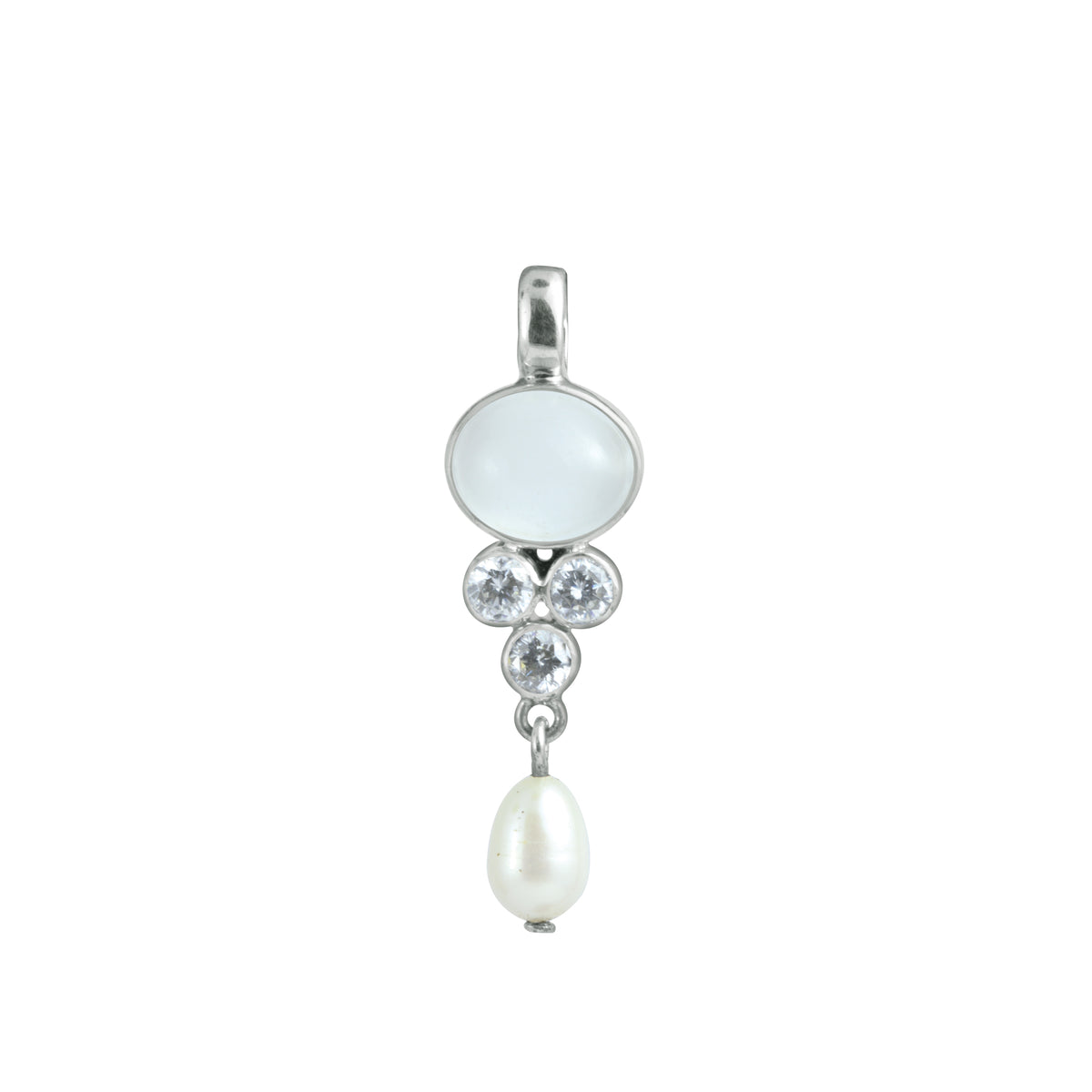 Sterling Silver Pendant With Moon Stone Oval, White Circone Round, Pearl Drop