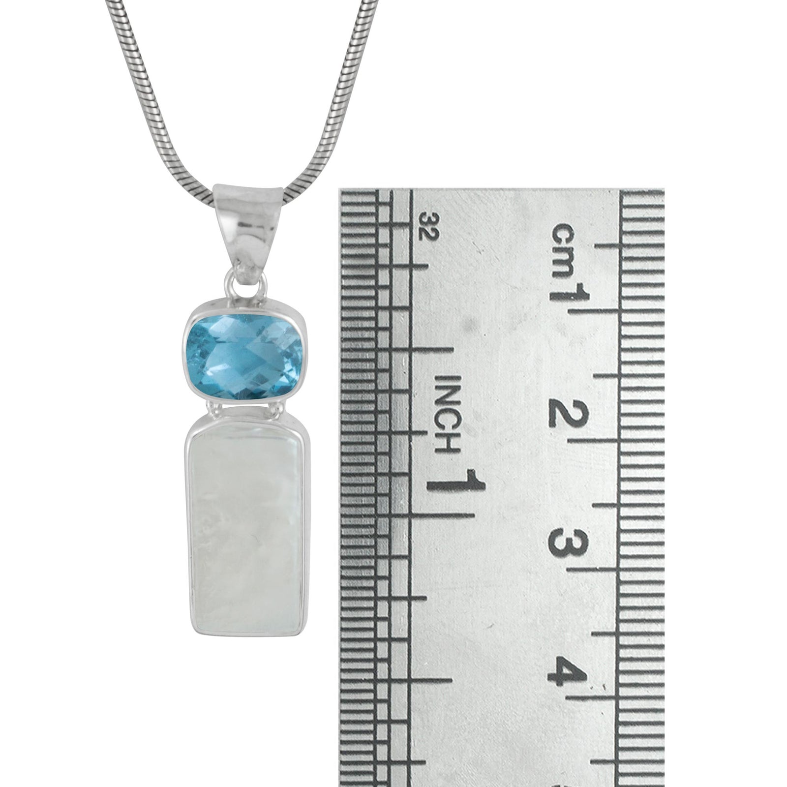 Sterling Silver Pendant With London Blue Rectangle Cushion Cheker, Pearl