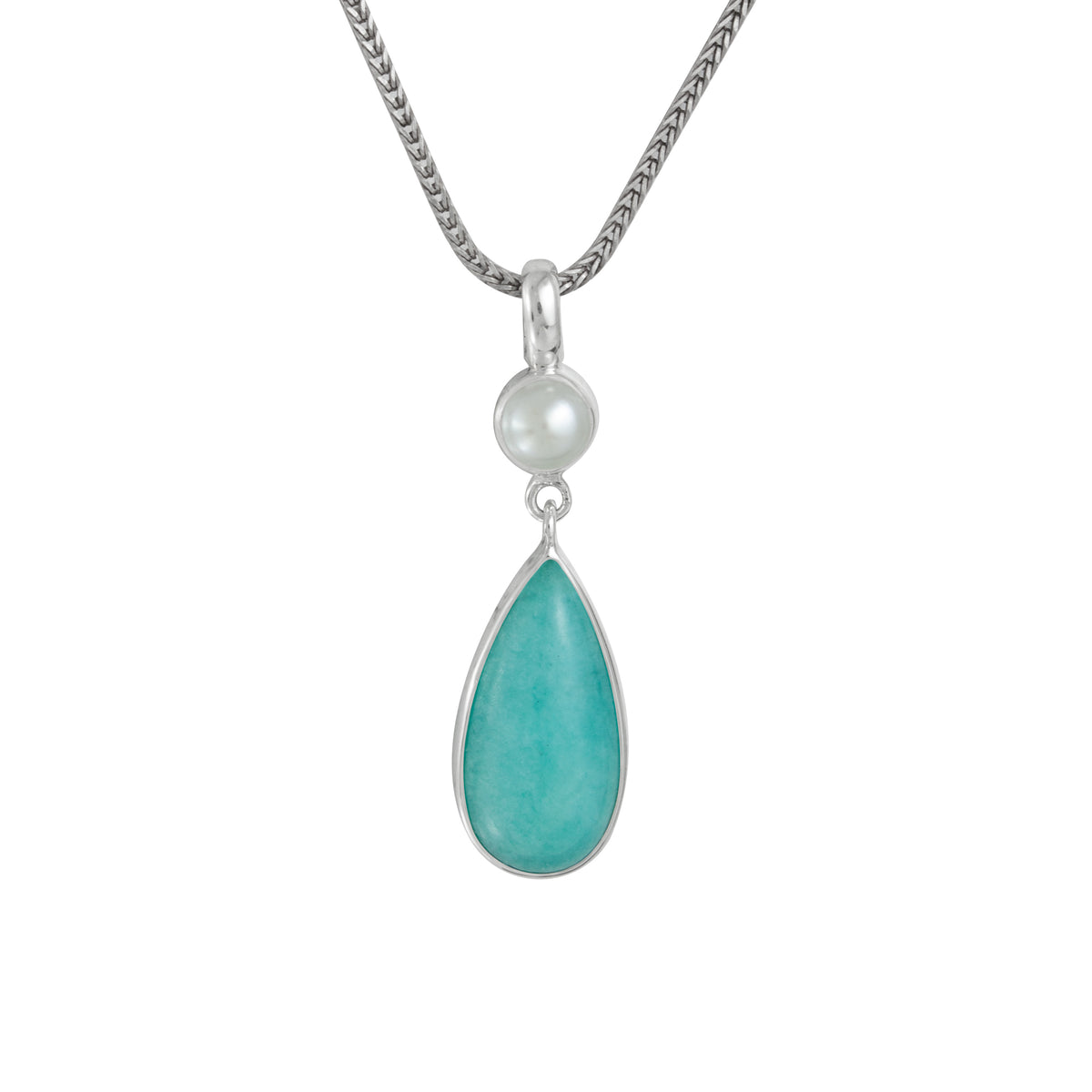 Sterling Silver Pendant With Pearl Round, Amozonite Pear