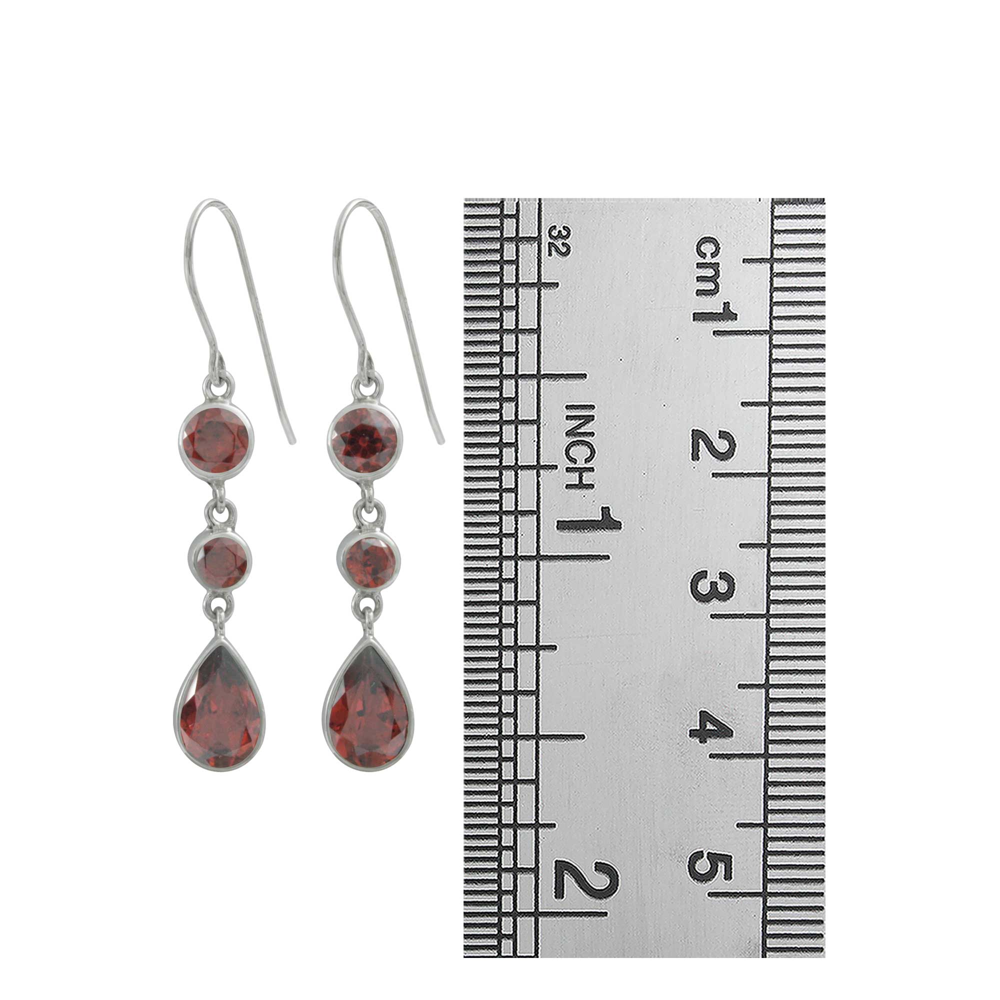 Sterling Silver Earring With Round Facet And Pear Garnet Stone