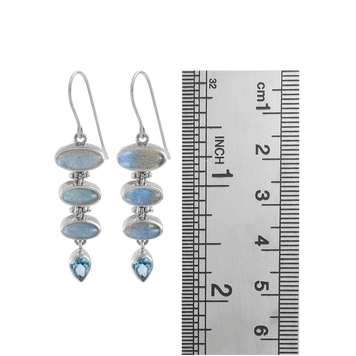 Sterling Silver Earring With 3 Labradorite Oval, Blue Topaz Pear Facet