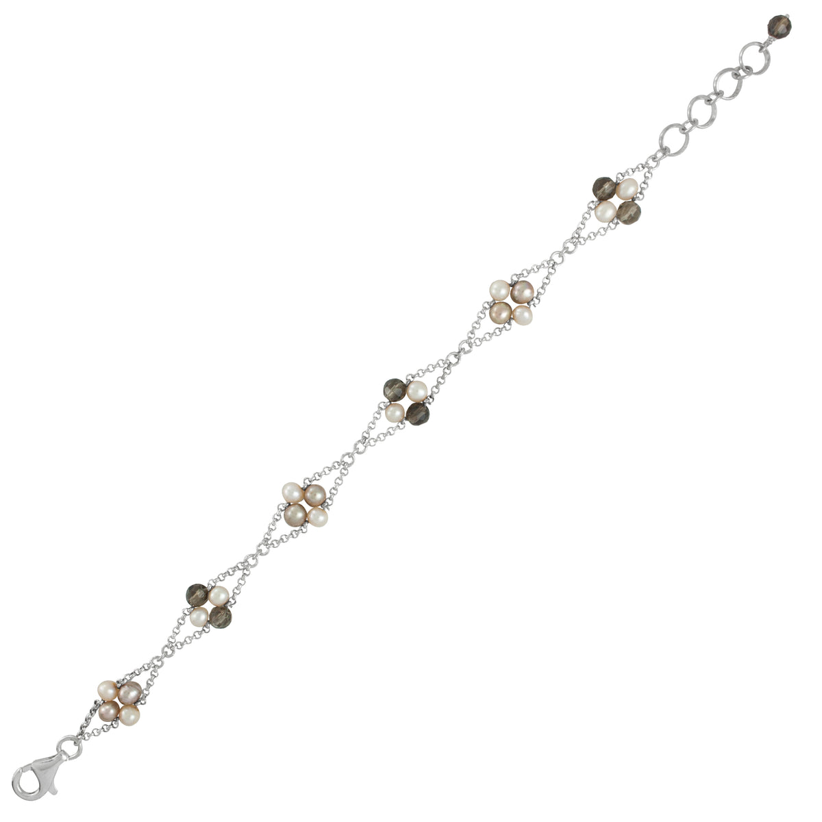 Sterling Silver Bracelet Pearl, Smokey Bead With Klip Conected By Chain