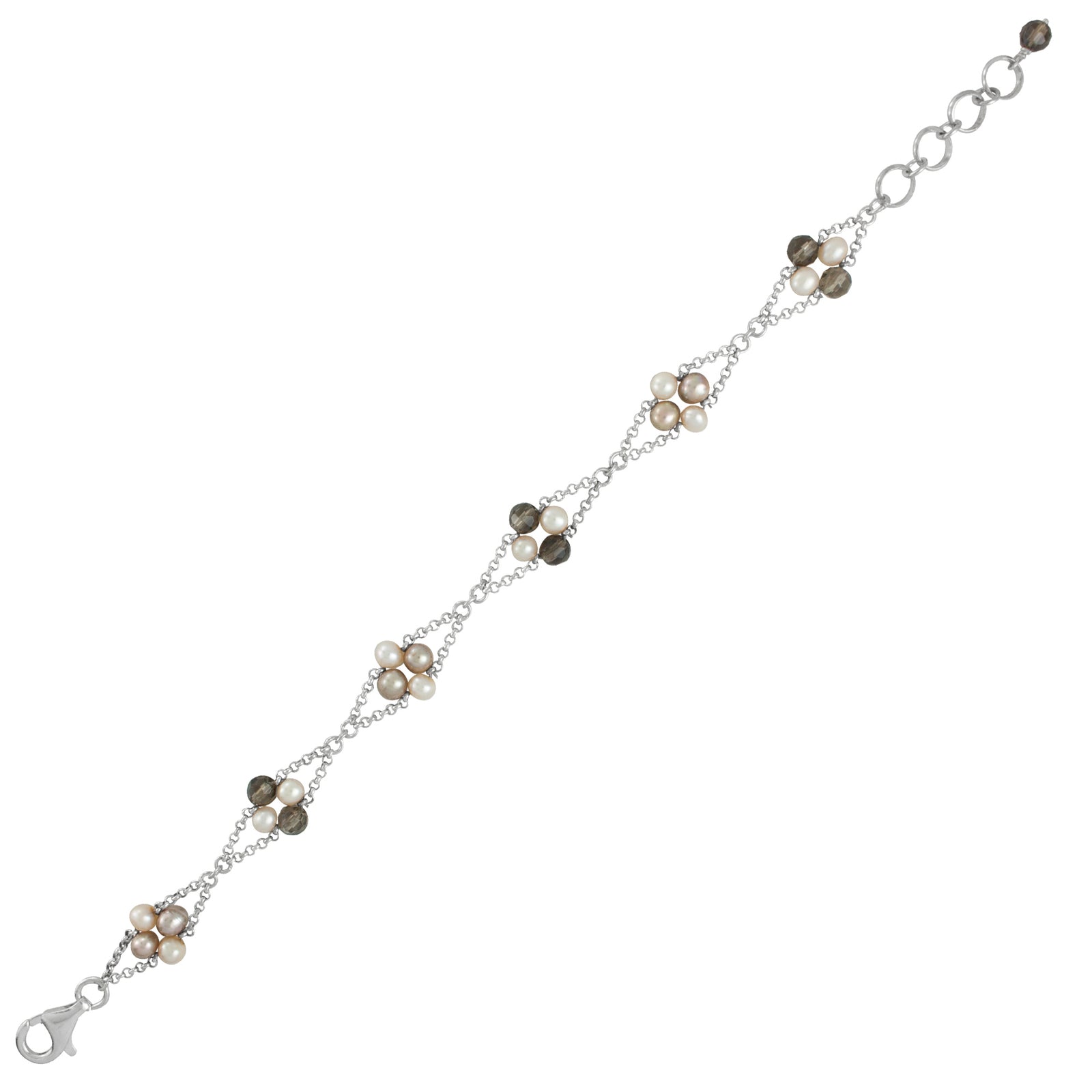 Sterling Silver Bracelet Pearl, Smokey Bead With Klip Conected By Chain