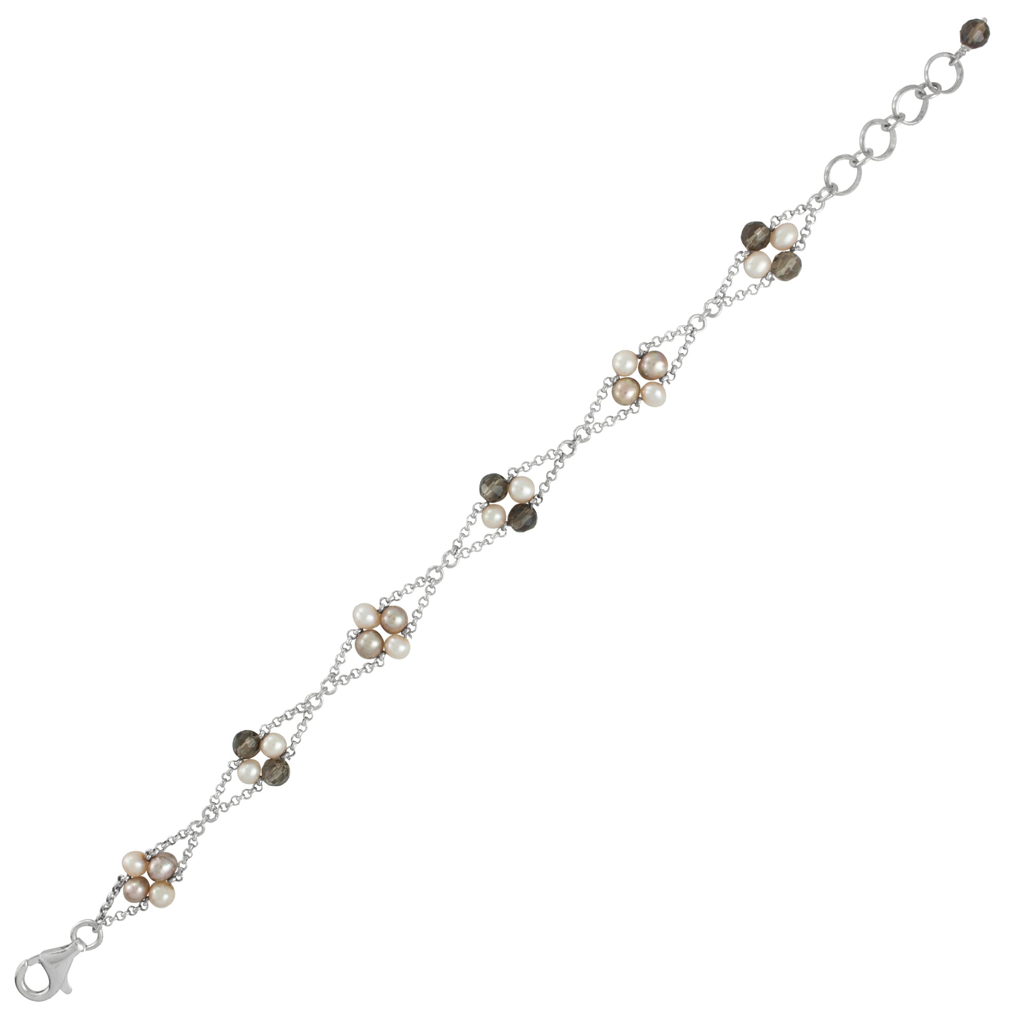 Sterling Silver Bracelet Pearl, Smokey Bead With Klip Conected By Chain