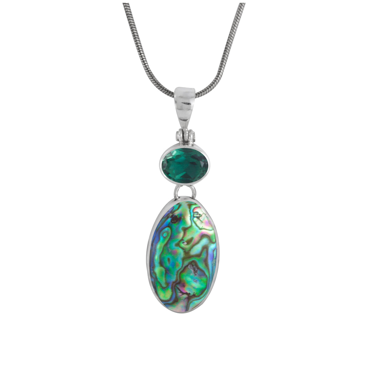 Sterling Silver Pendant with Green Quartz Oval Facet, Paua Drop