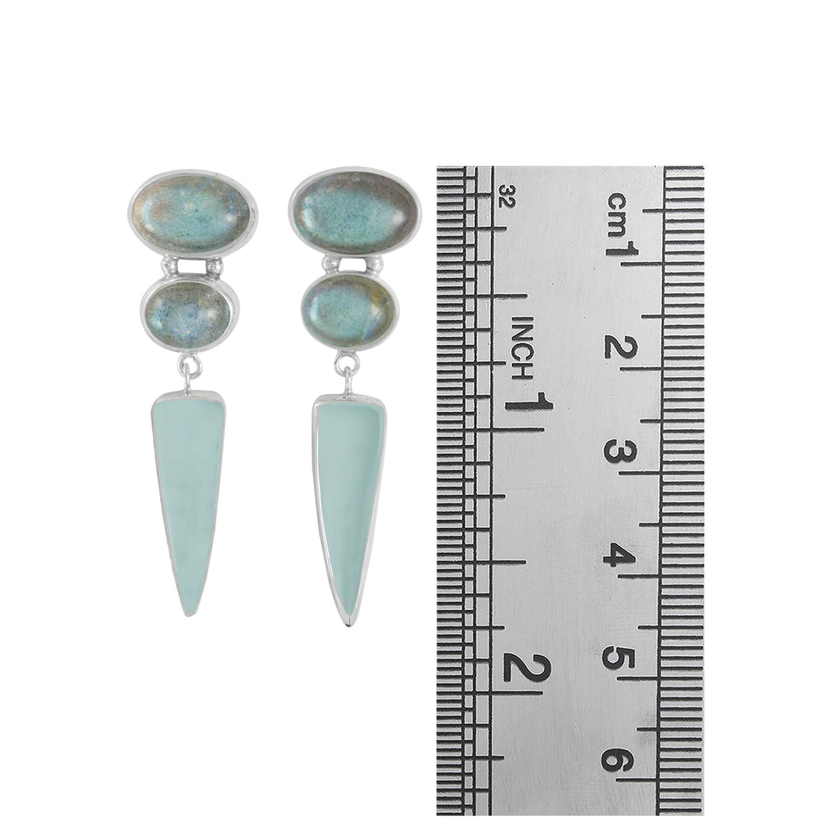 Sterling Silver Earring With 2 Labradorite Oval, Sea Glass Aqua Drop