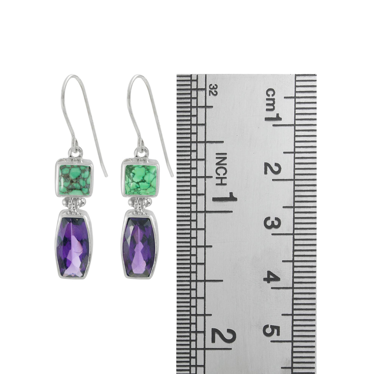 Sterling Silver Earring With Turqouise Square, Amethyst Rectangle Cushion Facet