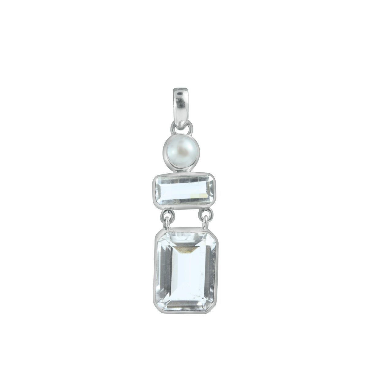 Sterling Silver Pendant With Pearls, White Quartz Rectangle Facet