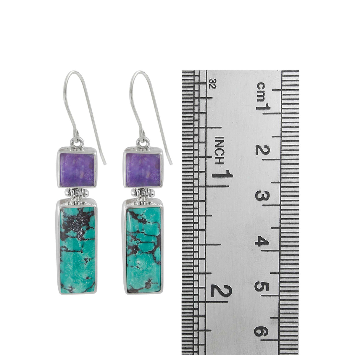 Sterling Silverv Earring With Sugilate Square, Turqouise Rectangle