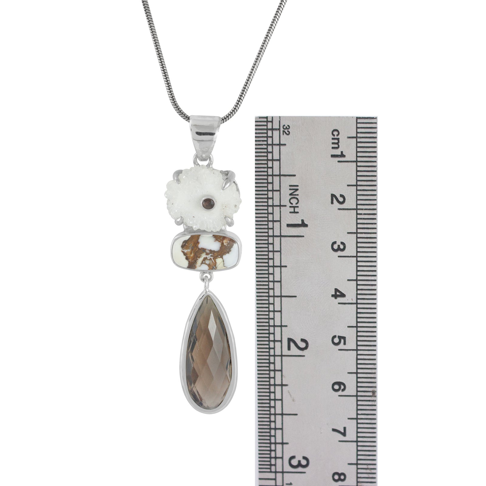 Sterling Silver Pendant With Druzy Geoge, Iron Stone Rectangle, Smokey Brio Drop