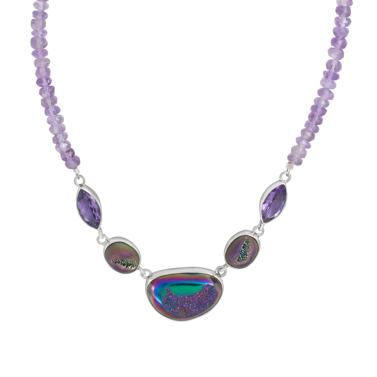 Sterling Silver Neckalce With Druzy Peacock Green, Amethyst Mawuise Facet On Bead Chain