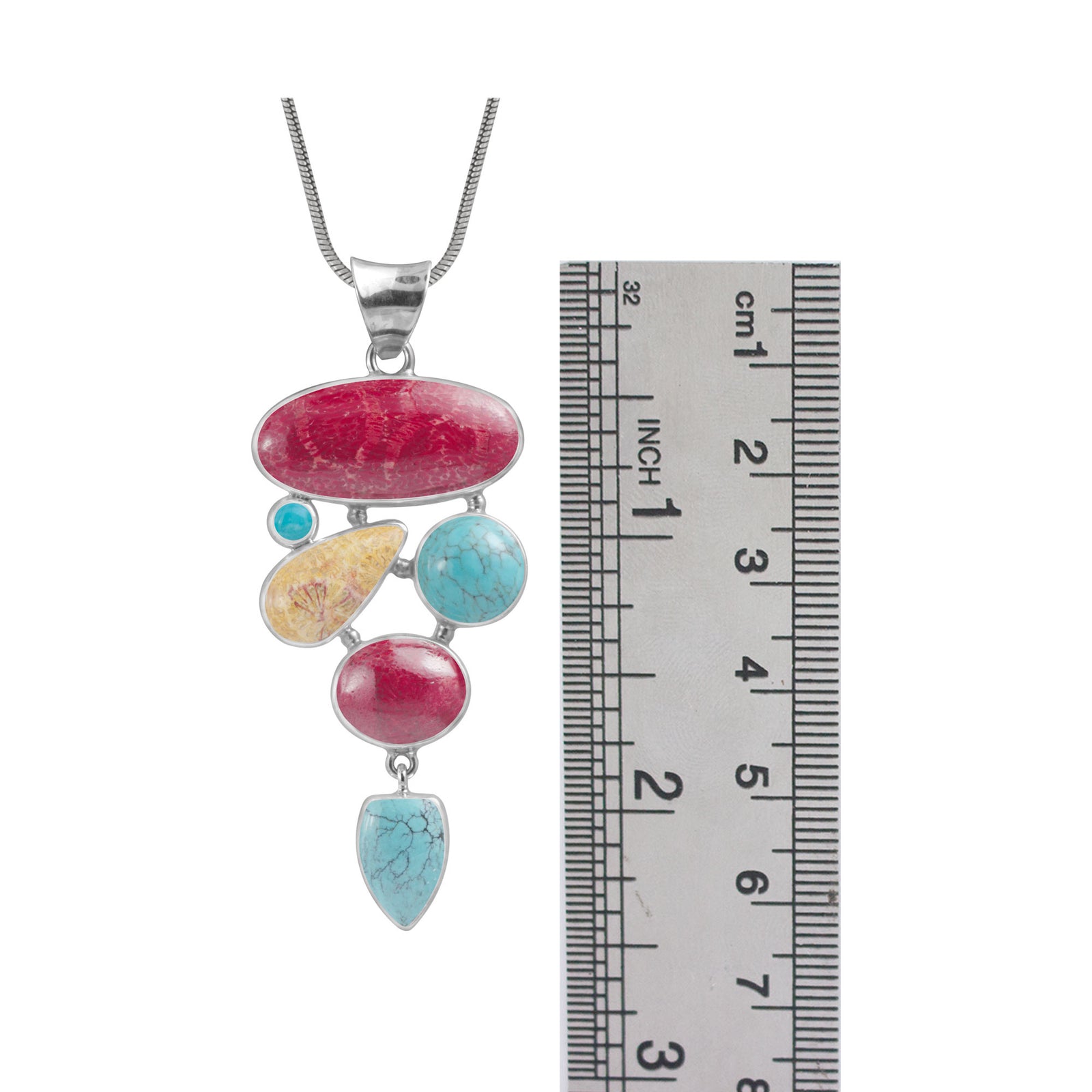 Sterling Silver Pendant With Abstract Sponge & Fossil Coral, Turquoise Drop