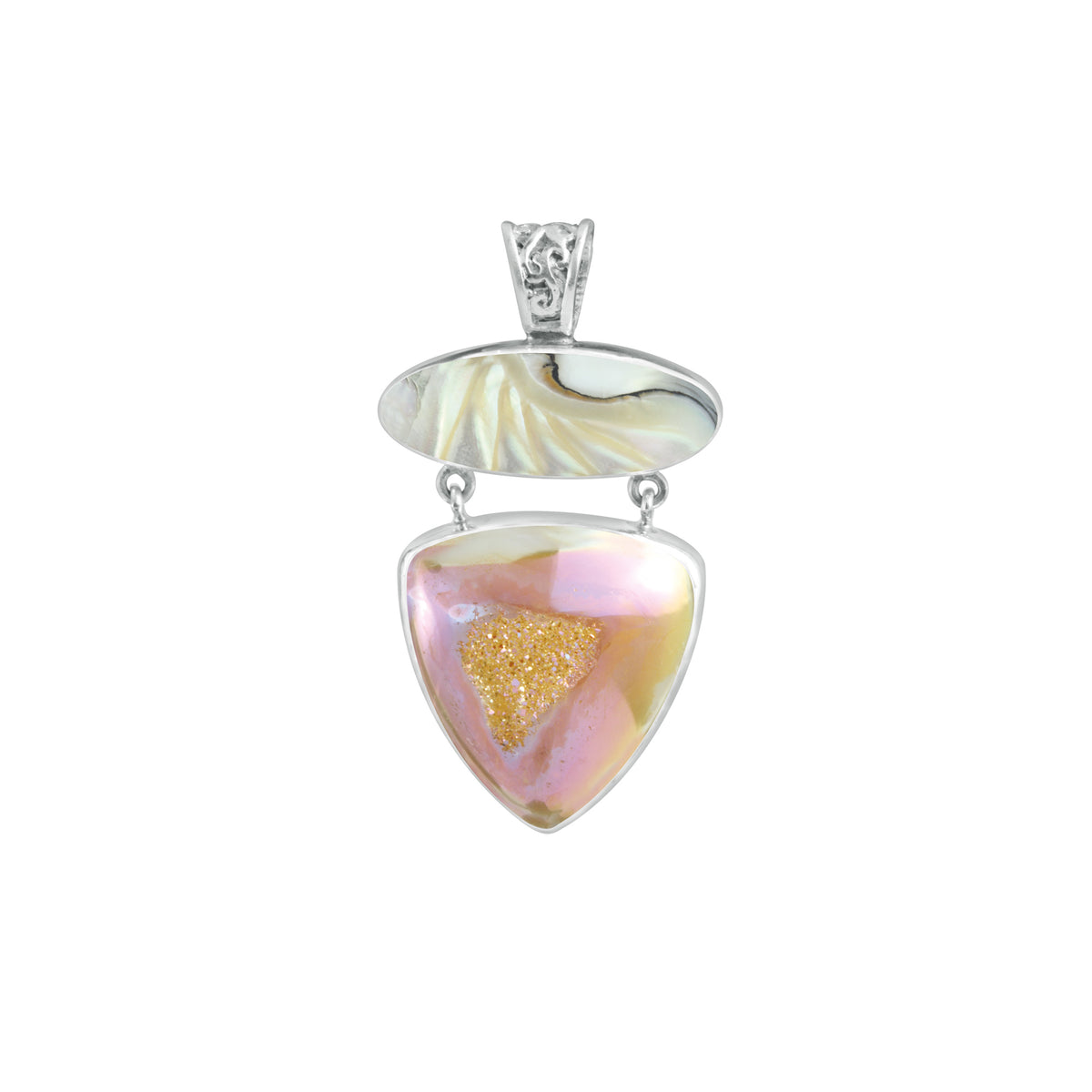 Sterling Silver Pendant With Shell Nautilas And Druzy Bronze Beauty Triangle
