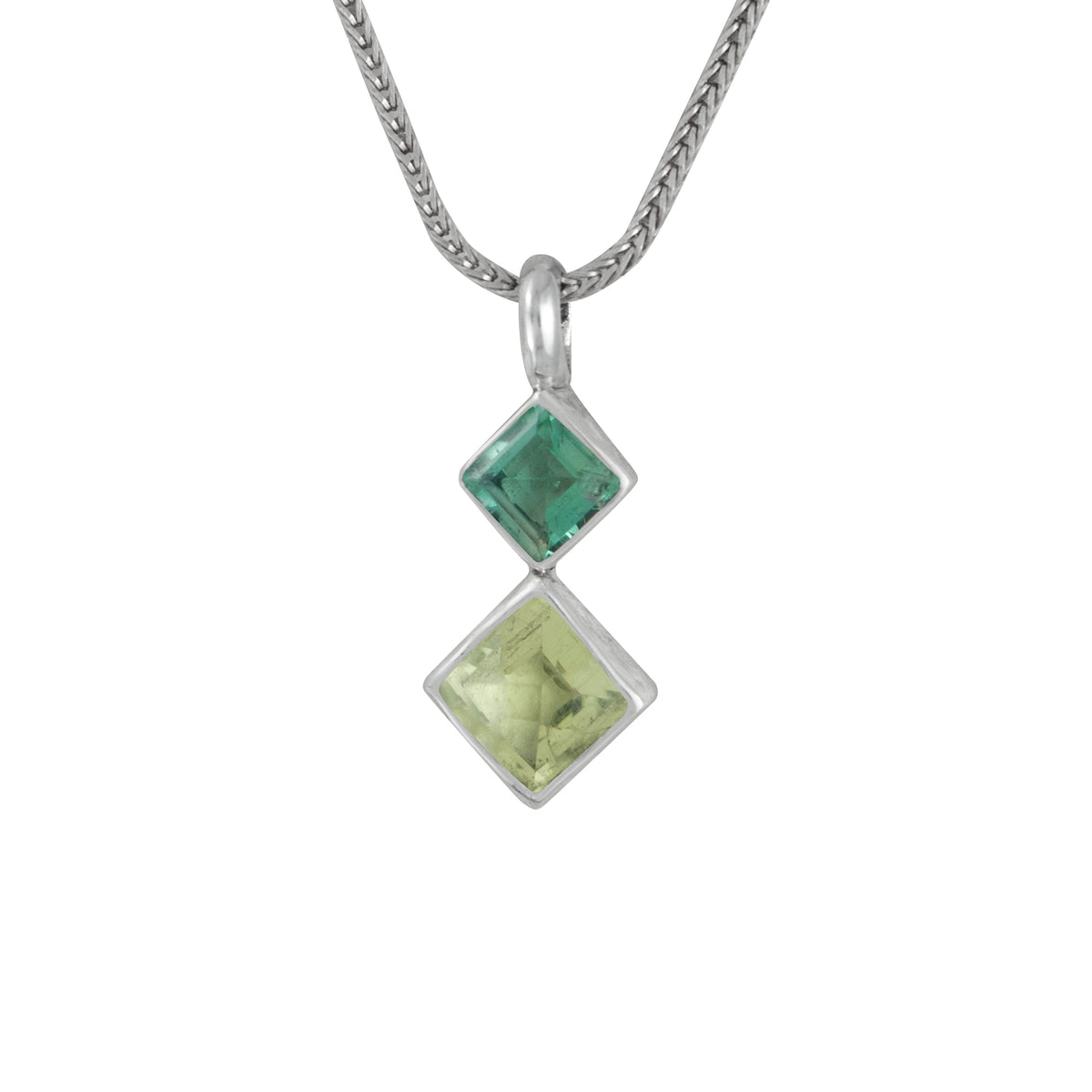 Sterling Silver Pendant With Green Quartz, Lemon Quartz Square Facet