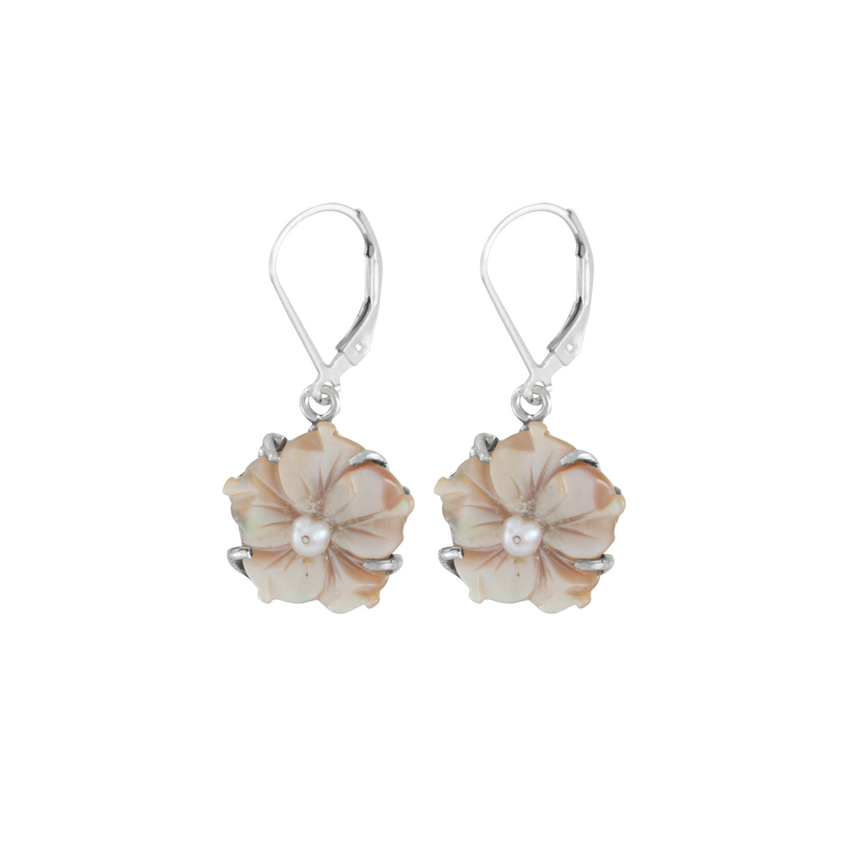 Sterling Silver Pink Carved Flower Stud Earring With Mother of Pearl Flower Pink Stone, And Bead Pearl Pink