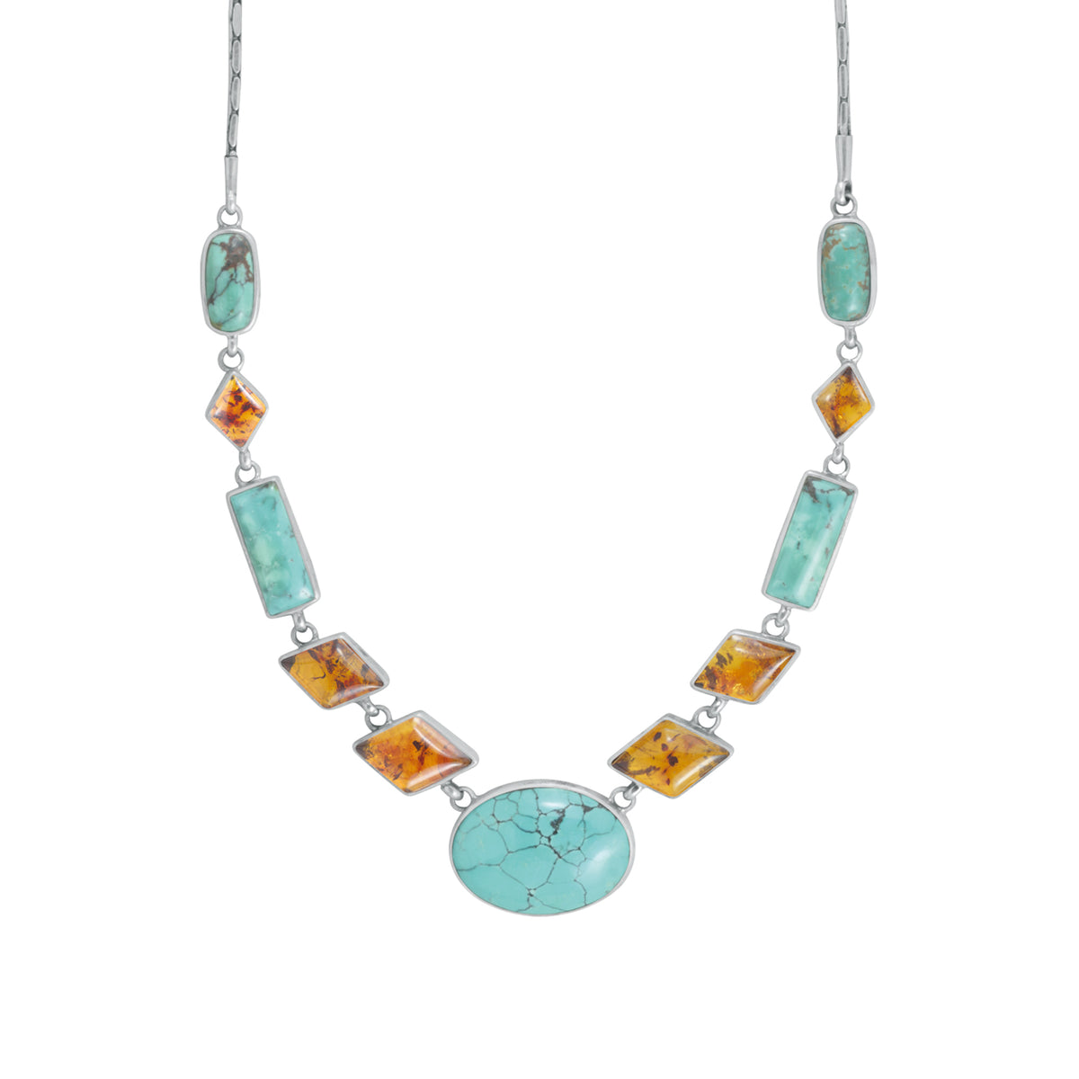 Sterling Silver Earring With Turquoise Oval, Rectangle, Amber Diamond Connected Chain