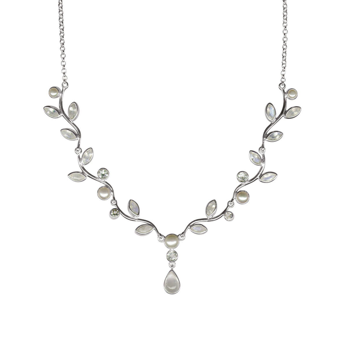 Sterling Silver Necklace With Pink Tourmaline Round Fct/Maquoise Cab, Green Tourmaline Marquoise Cab