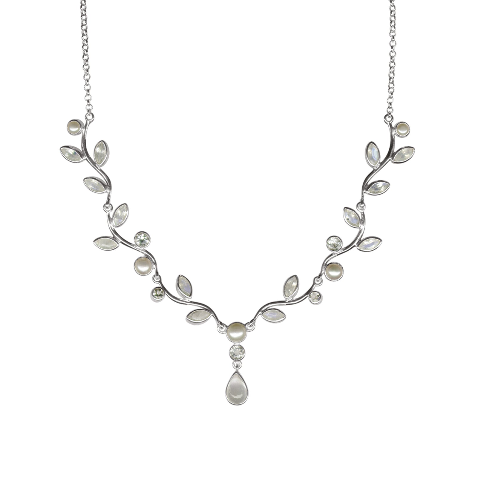 Sterling Silver Necklace With Pink Tourmaline Round Fct/Maquoise Cab, Green Tourmaline Marquoise Cab