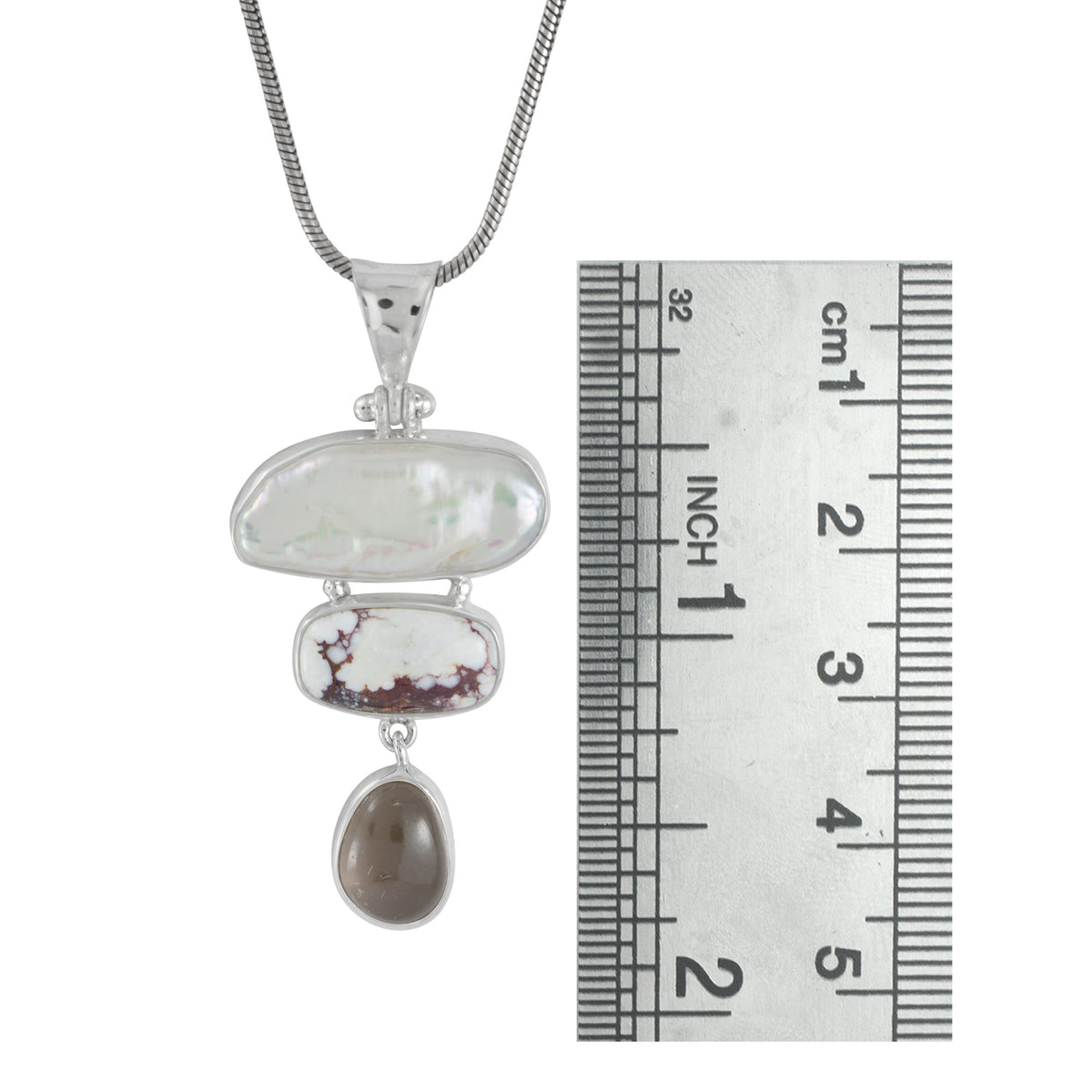 Sterling Silver Pendant With Pearl, Iron StoneRectangle Cushion, Smokey Free Form Cab