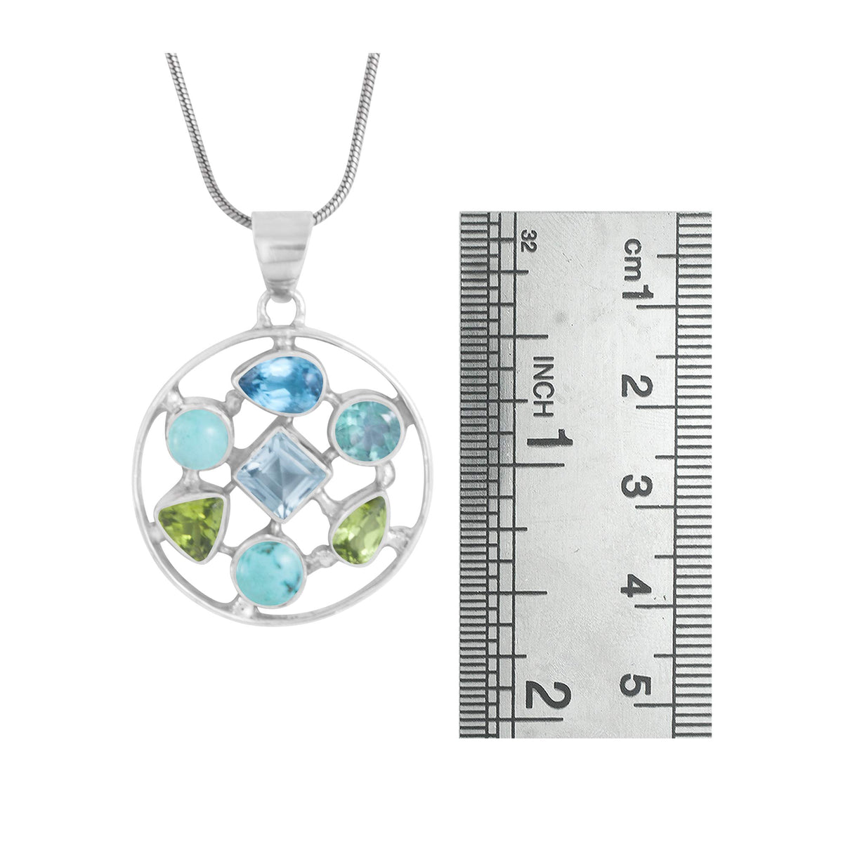 Sterling Pendant Circle With Multi Stone Shape Set Inside Blue Topaz, Turquoise