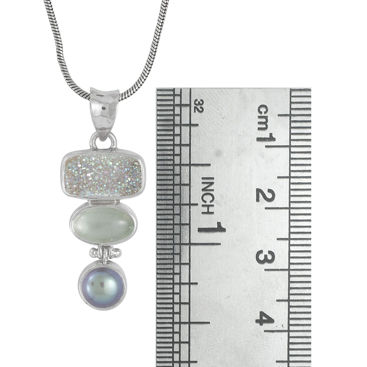 Sterling Silver Pendant With Druzy Opal Rectangle, Amozonite Oval And Pearl