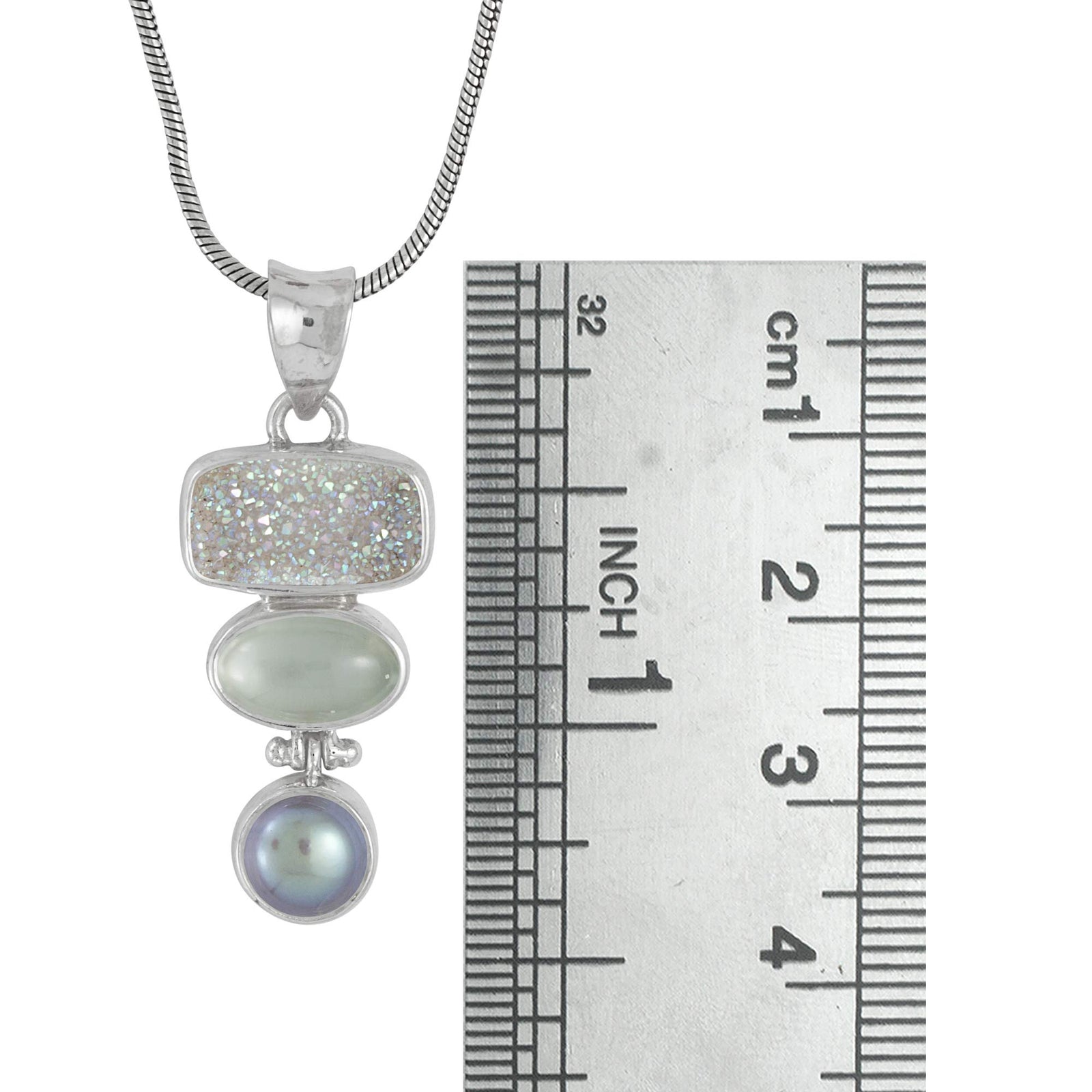 Sterling Silver Pendant With Druzy Opal Rectangle, Amozonite Oval And Pearl