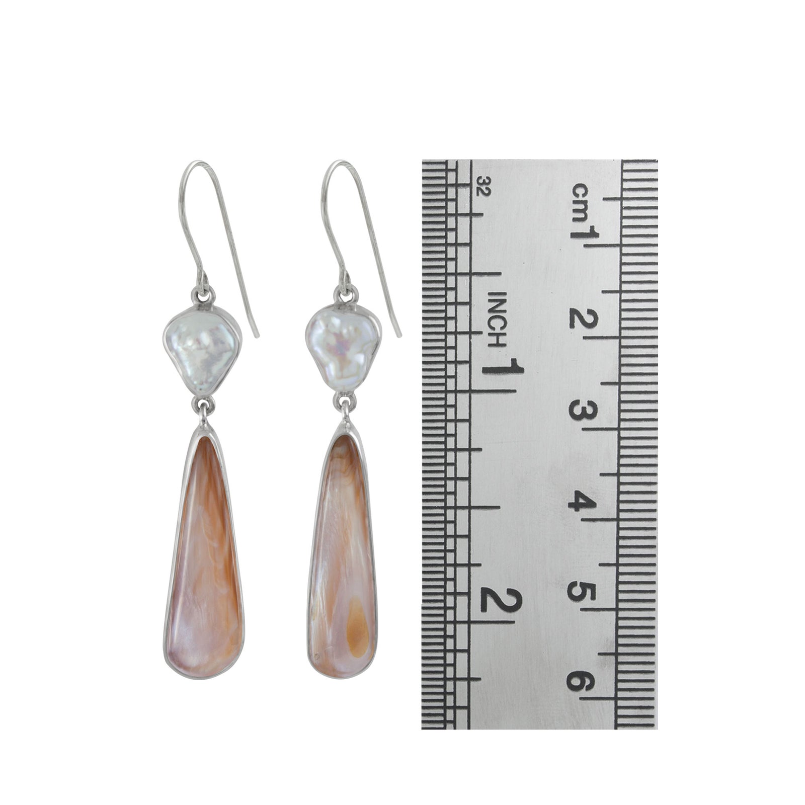 Sterling Silver Earring With Pearl White Keishi, Tooth Shell Pink