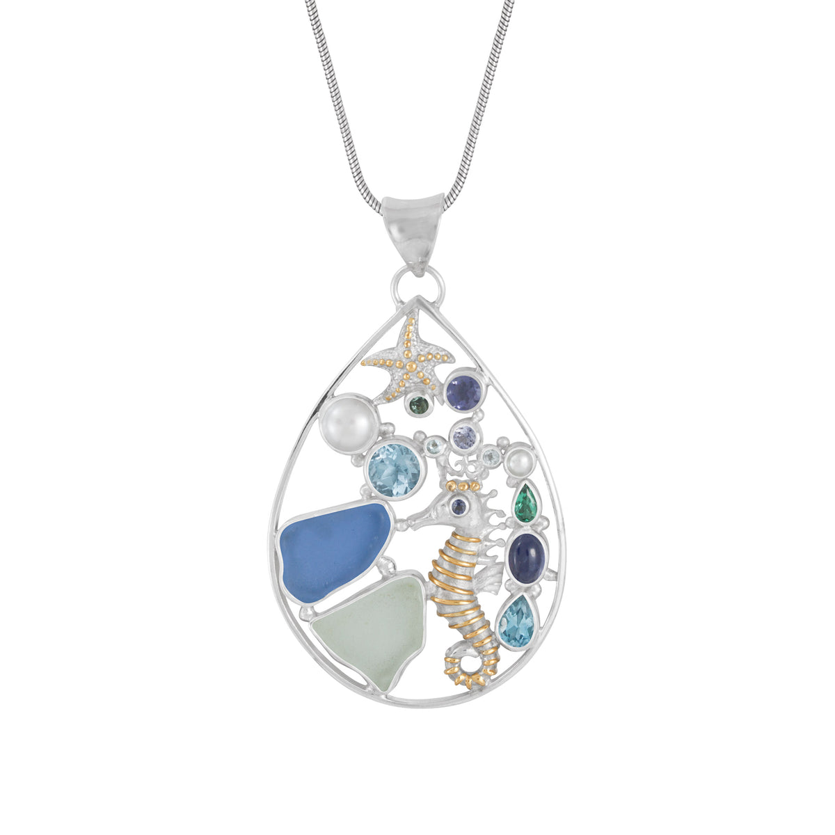 Sterling Silver Pendant Medallion With Sea Glass And Multi Stone
