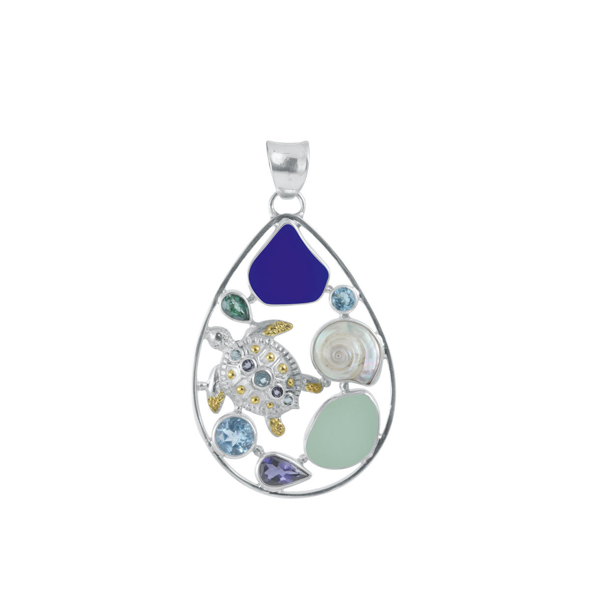 Sterling Silver Pendant Medallion With Sea Glass, Blue Topa, Iolite, Green Quartz Facet