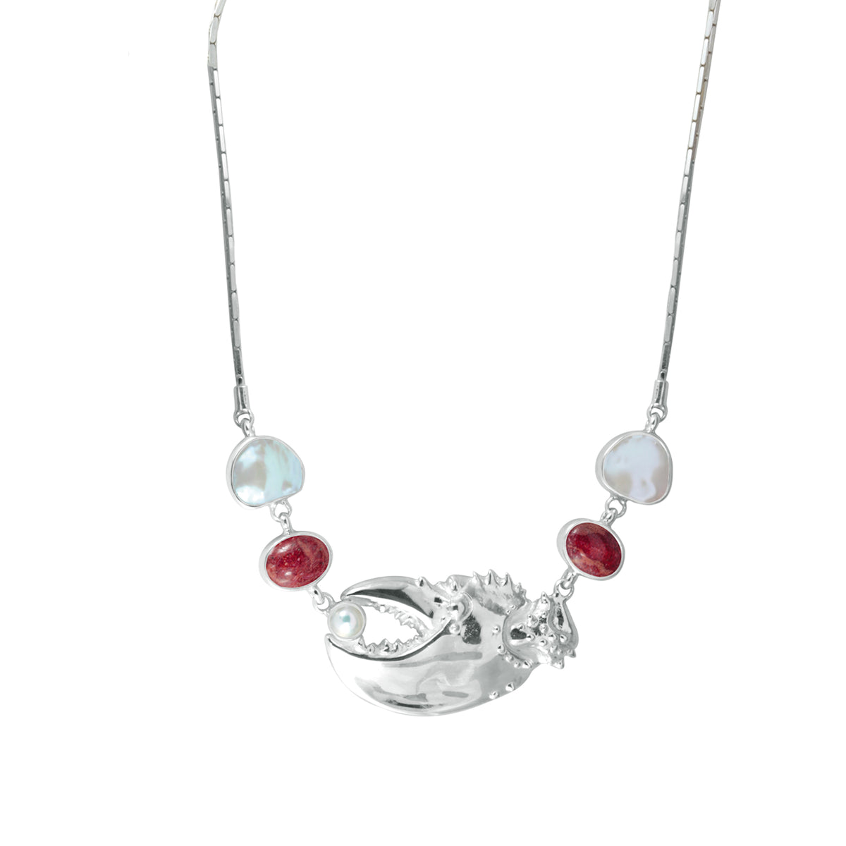 Sterling Silver Necklace Silver Claw With Pearl, Spone Coral, Pearl Keishi on Chain