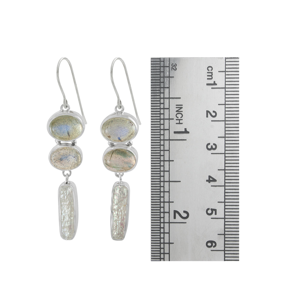 Sterling Silver Earring With 2 Labradorite Oval, Pearl Drop