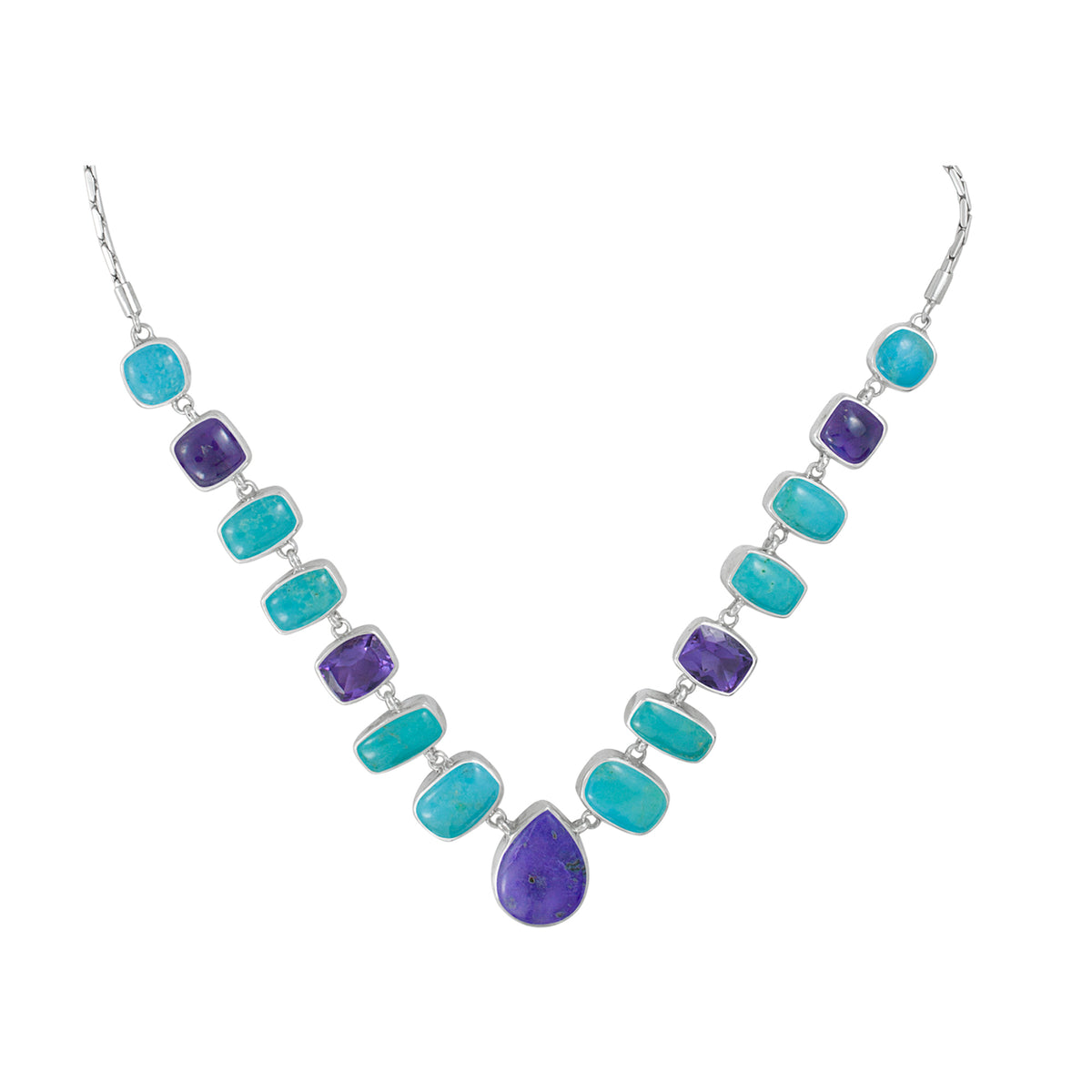 Sterling Silver Necklace With Turquoise, Amethyst Recrangle Facet, Sugilate Pear