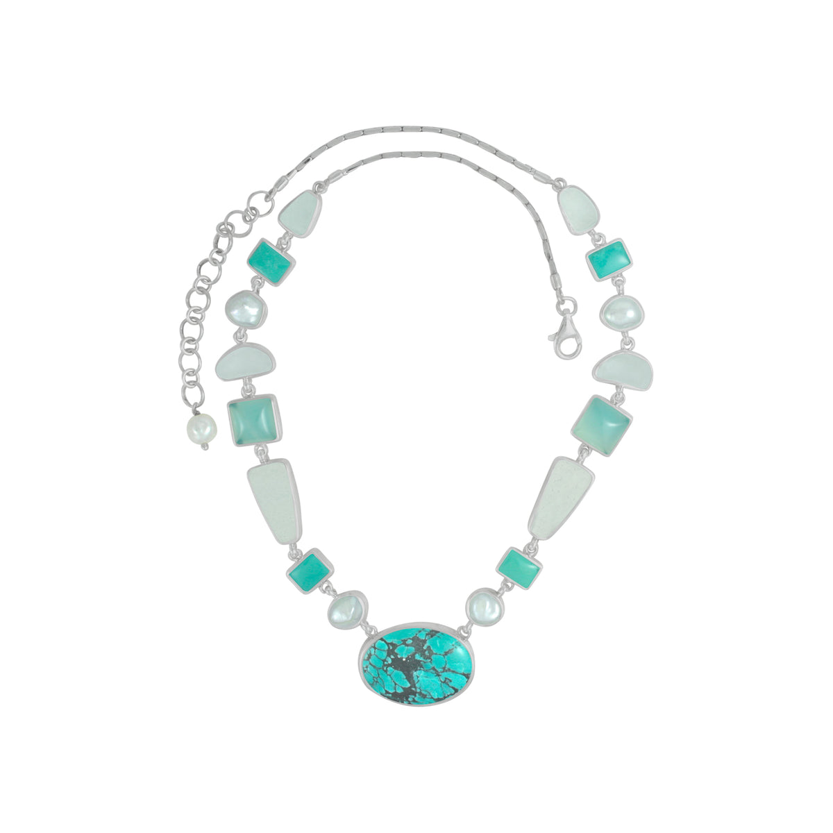 Sterling Silver Necklace With Turquoise, Sea Glass Aqua, Pearl