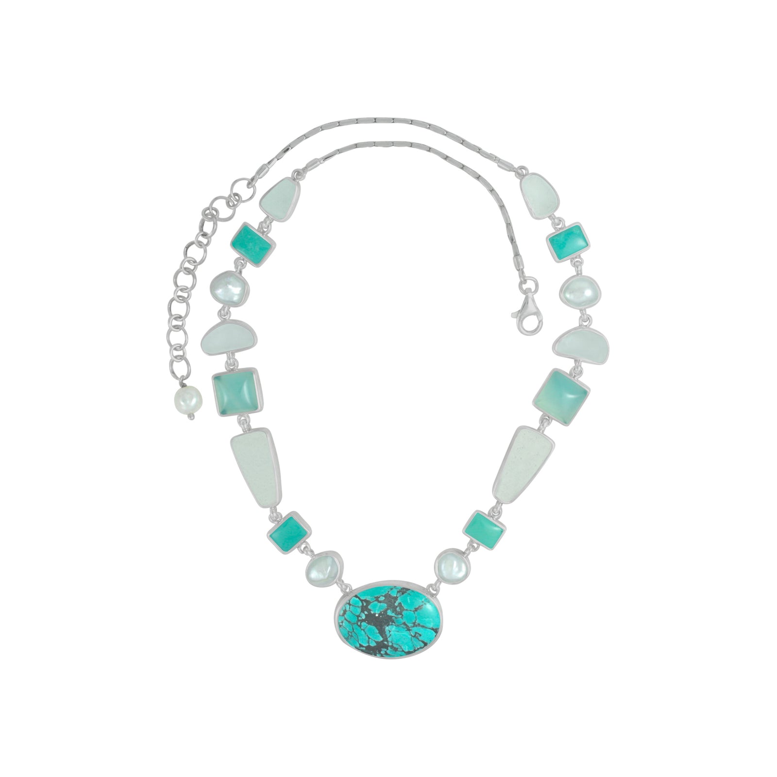 Sterling Silver Necklace With Turquoise, Sea Glass Aqua, Pearl