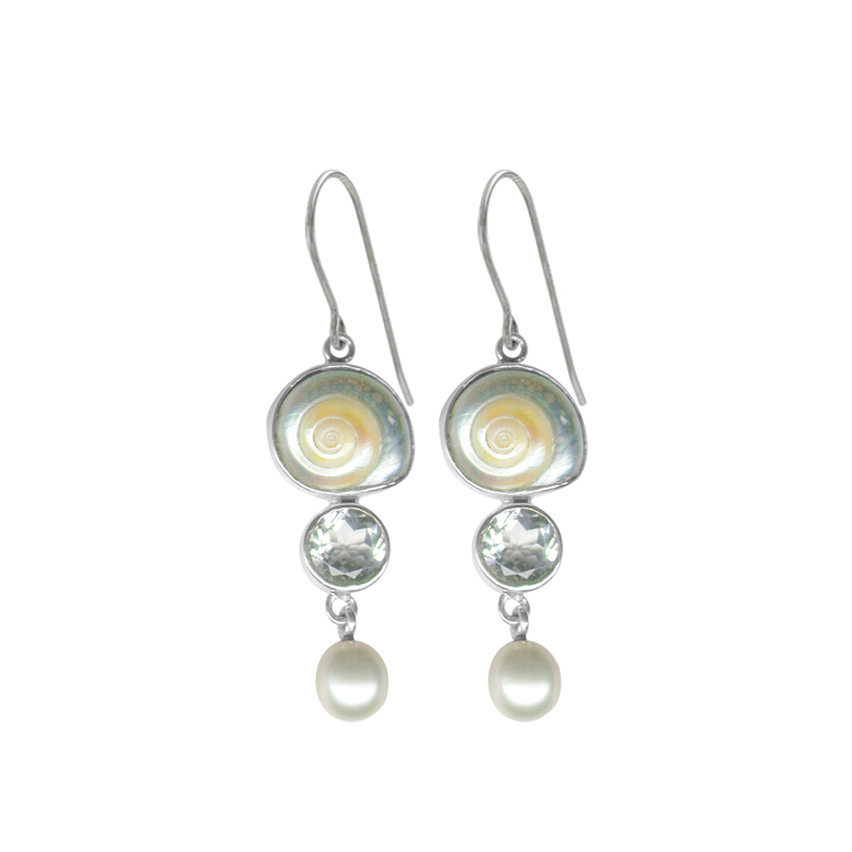 Sterling Silver Earring With Shell Malaabar Turbos, Round Whie Topaz, Pearl Drop
