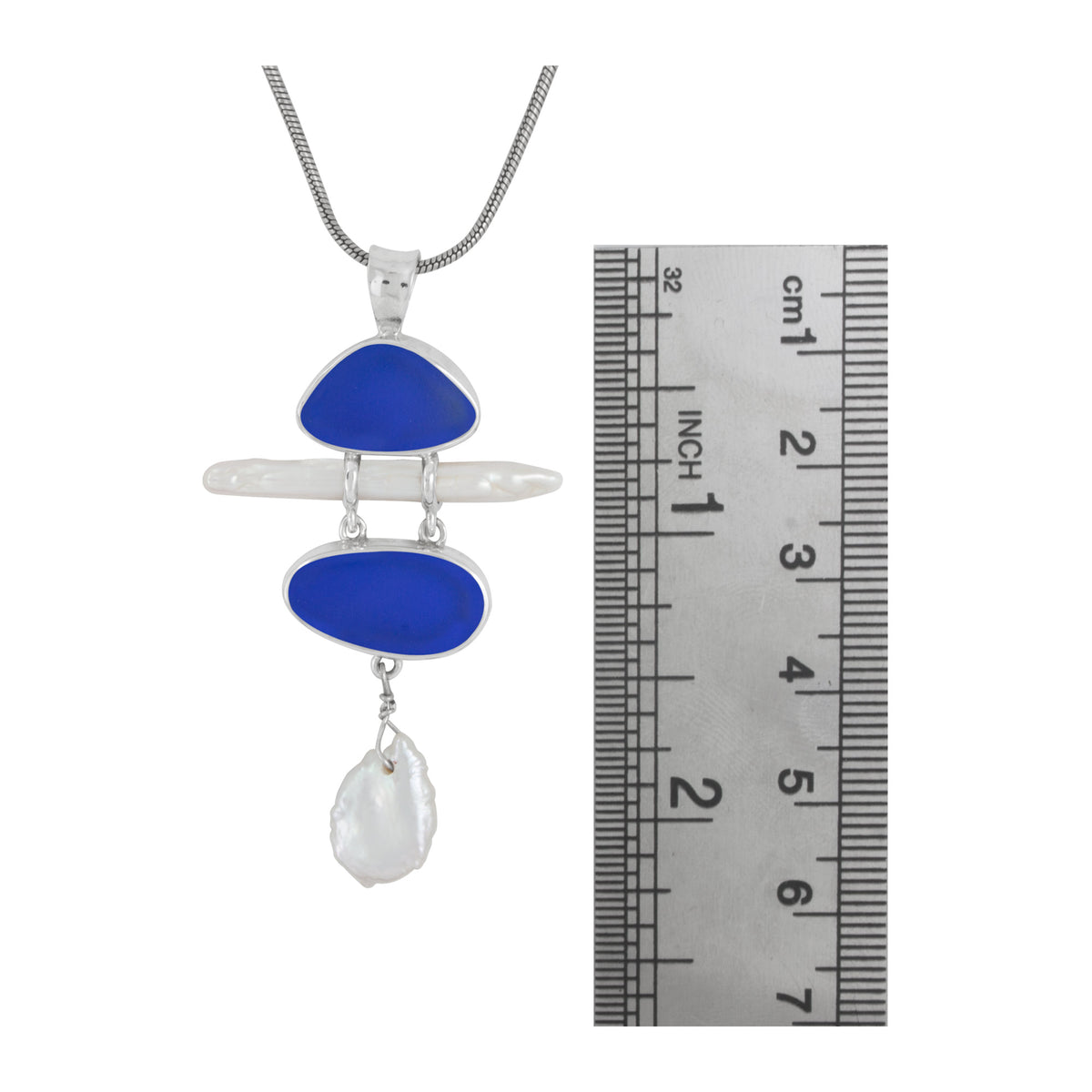 Silver Pendant With Hammered Bale Component With Sea Glass Blue, Pearl Stick, Bead pearl