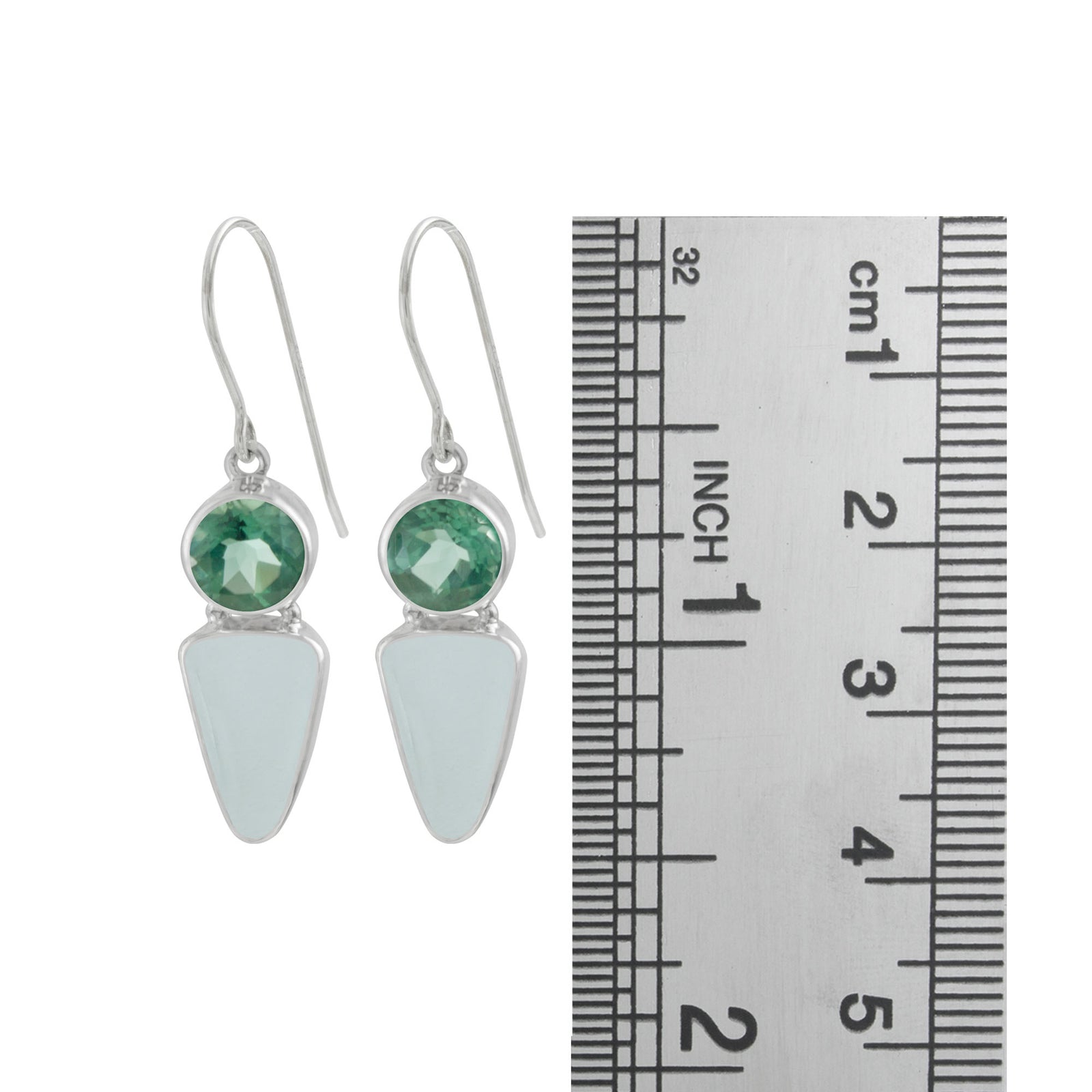 Sterling Silver Earring With Green Quartz Round Facet, Sea Glass Aqua