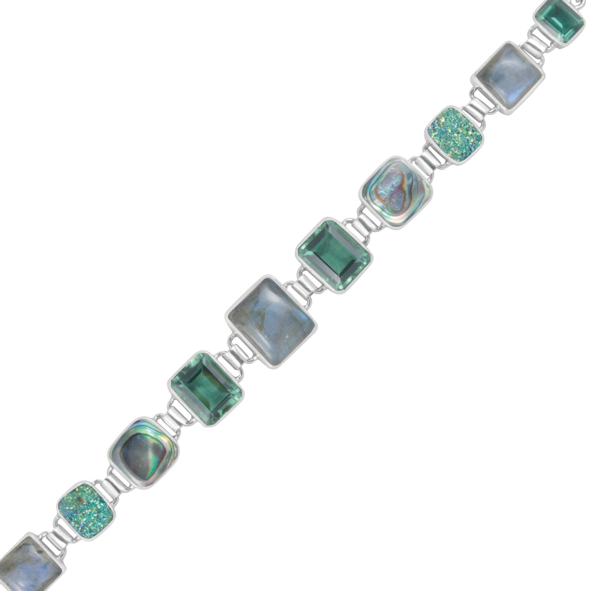 Sterling Silver Bracelet With Labradoirte, Green Topaz Facet, Druzy Emerald Green Recktangle