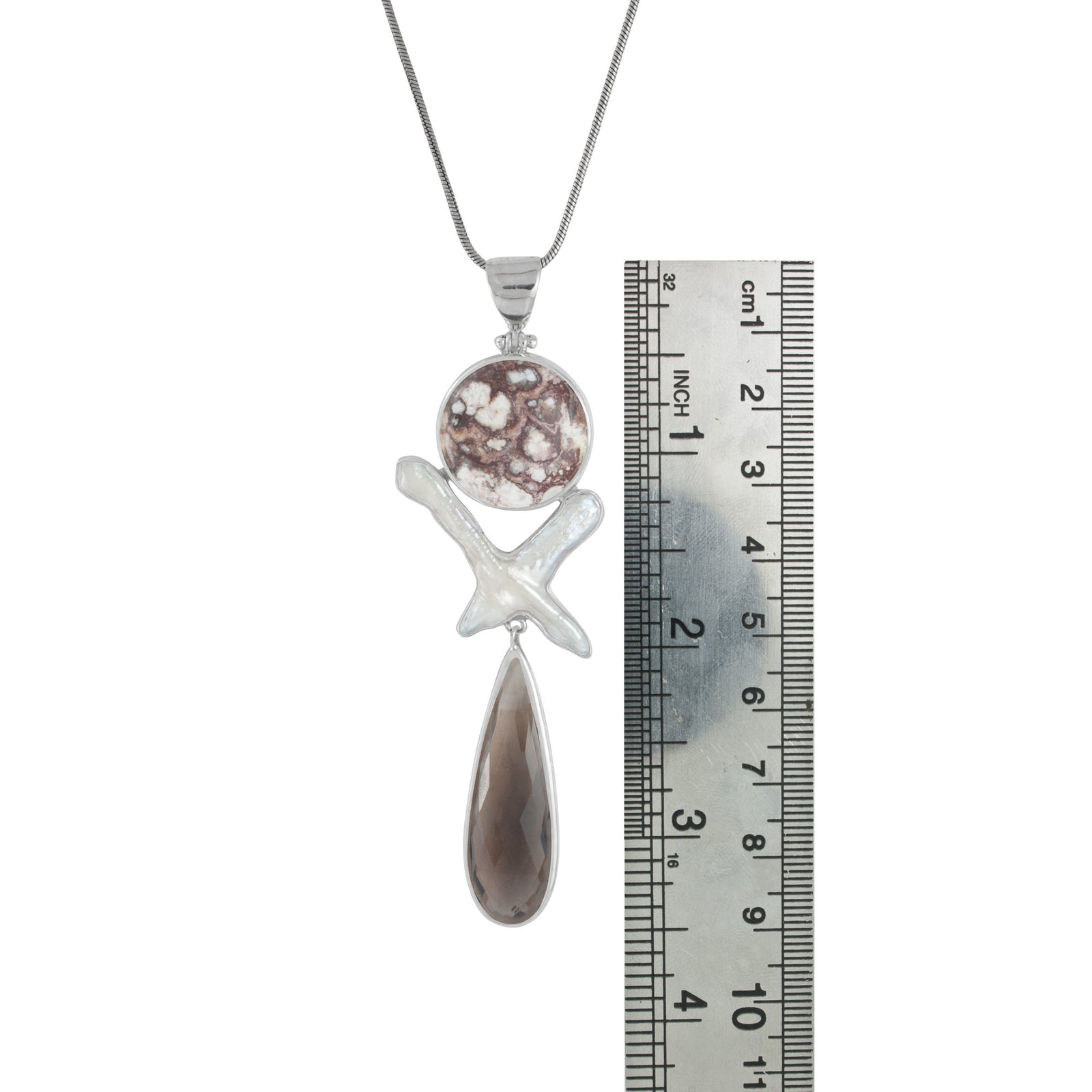 Sterling Silver Pendant With Iron Stone Round, Pearl Cross, Smokey Pear Brio Drop