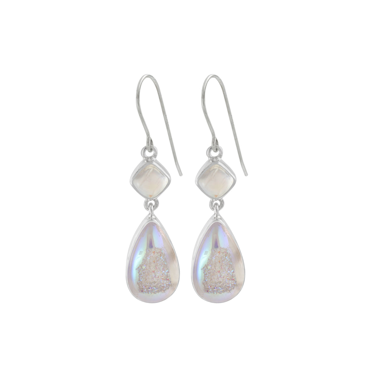 Sterling Silver Earring With Rainbow Moonstone Square, Druzy Opal Drop