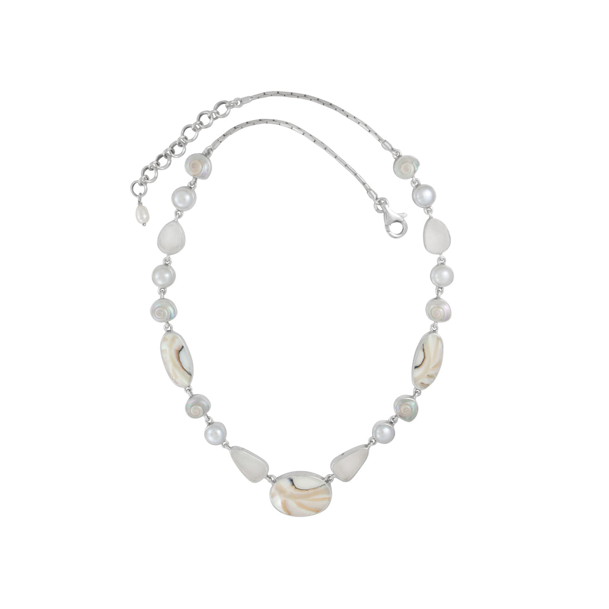 Sterling Silver Necklace With Shell Nutilas Oval, Pearl, Sea Glass White, Shell Spiral &amp; Malabar Turbos