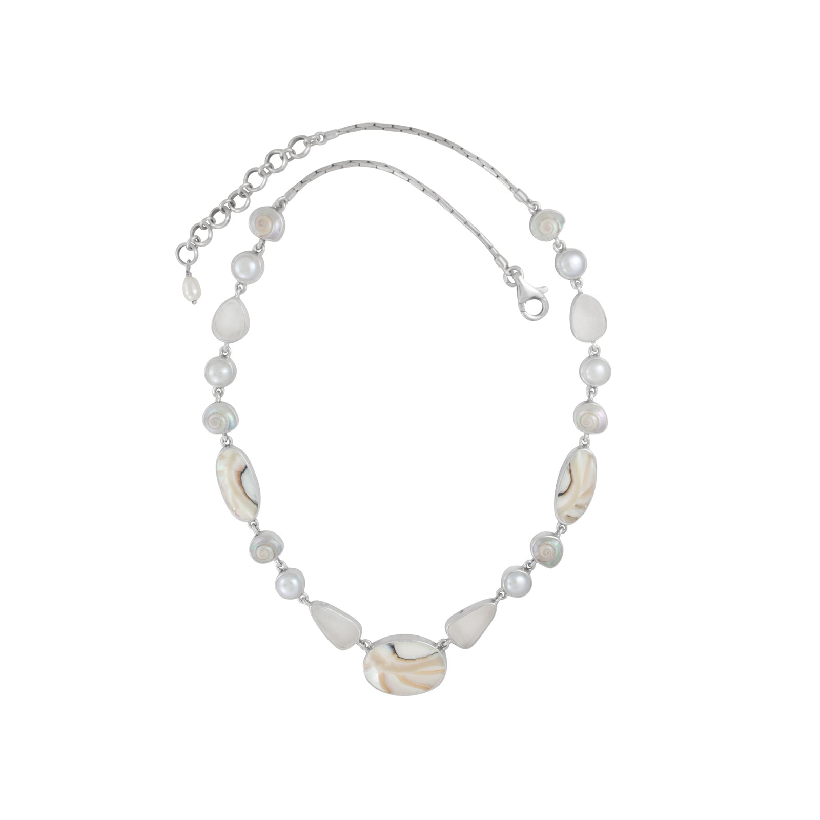 Sterling Silver Necklace With Shell Nutilas Oval, Pearl, Sea Glass White, Shell Spiral & Malabar Turbos