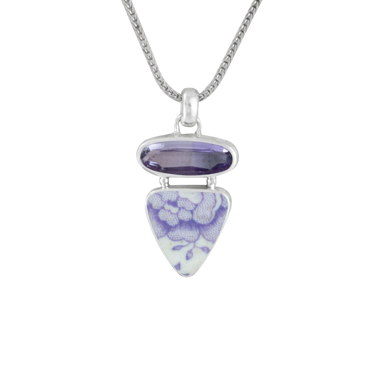 Sterling Silver Pendant With Amethyst Oval Facet,  Pottery Shards Lavender