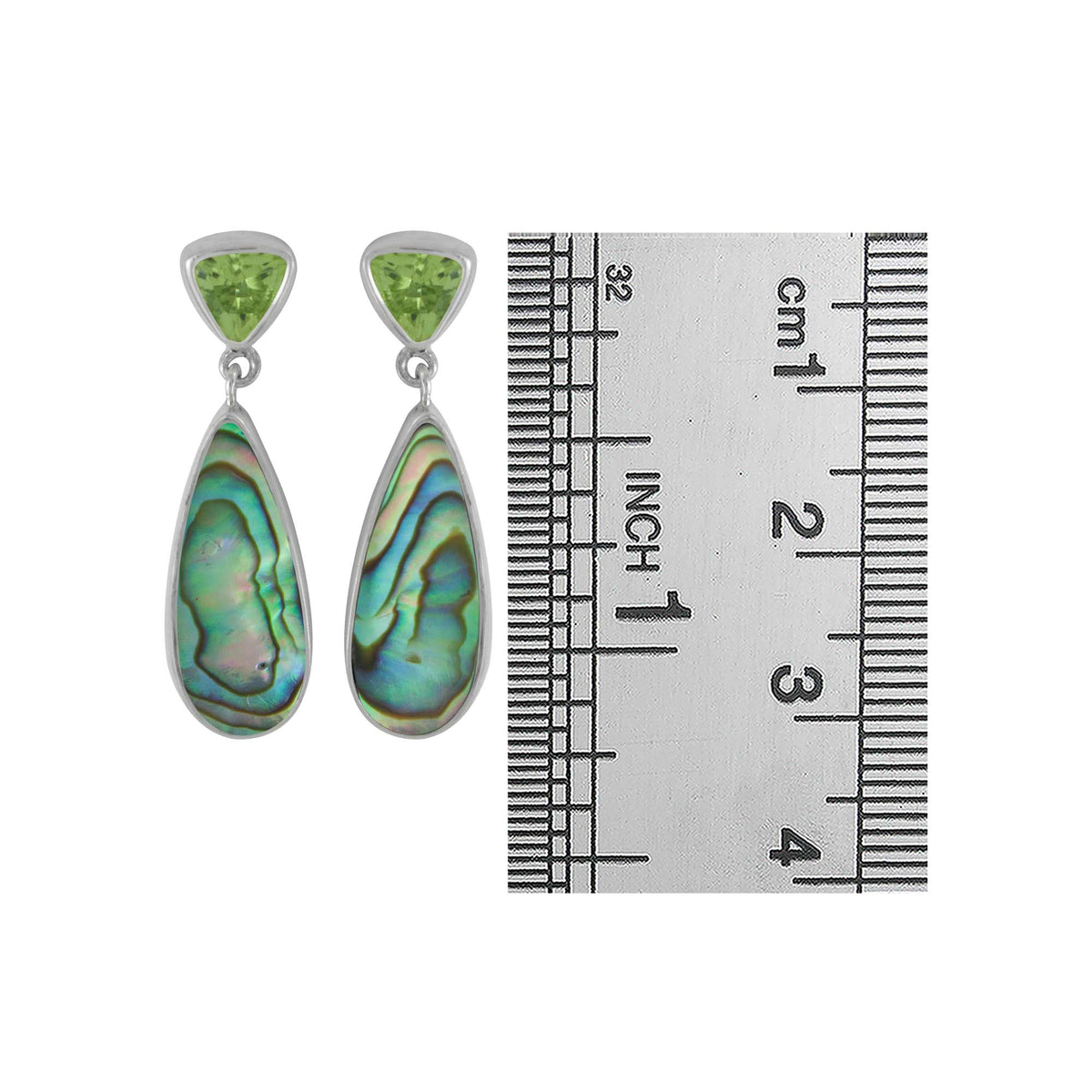 Sterling Silver Earring With Peridot Tri Angle Facet, Paua Tongue Drop