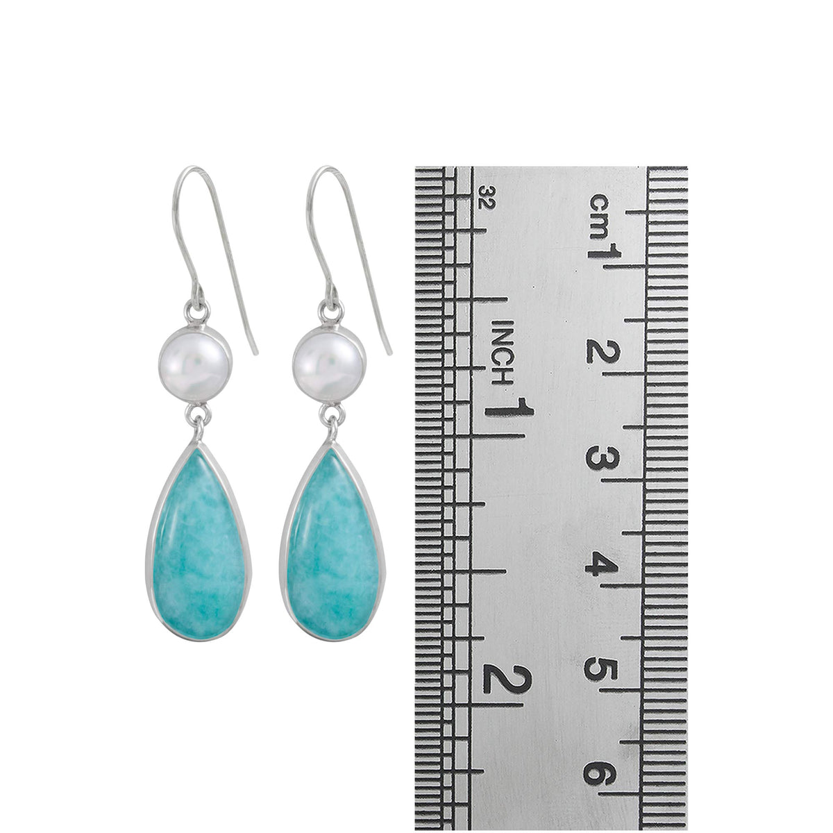 Sterling Silver Earring With Pearl Round, Amozonite Pear