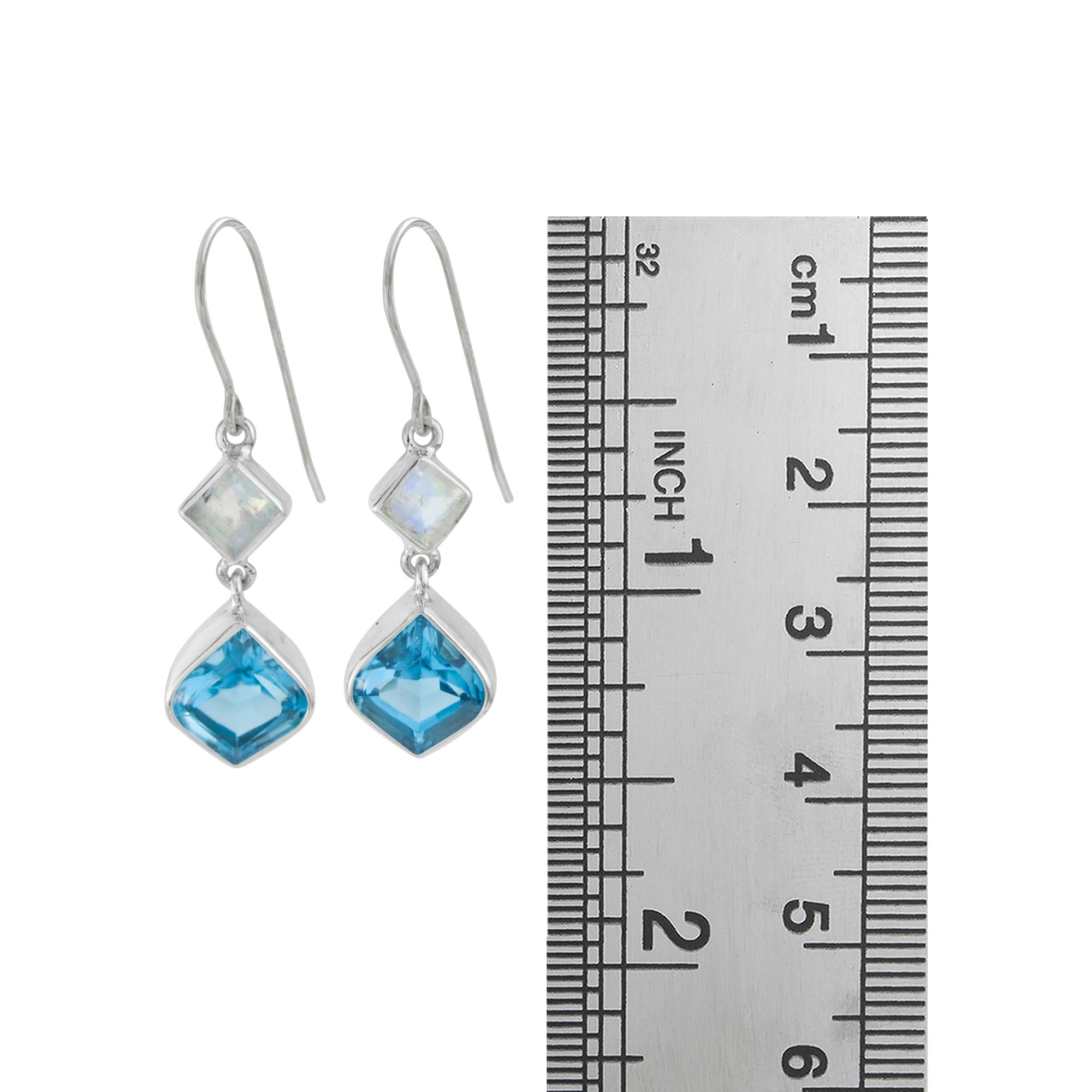 Sterling Silver Earring With Rainbowmoon Stone Square, Blue Topaz Union Drop Facet