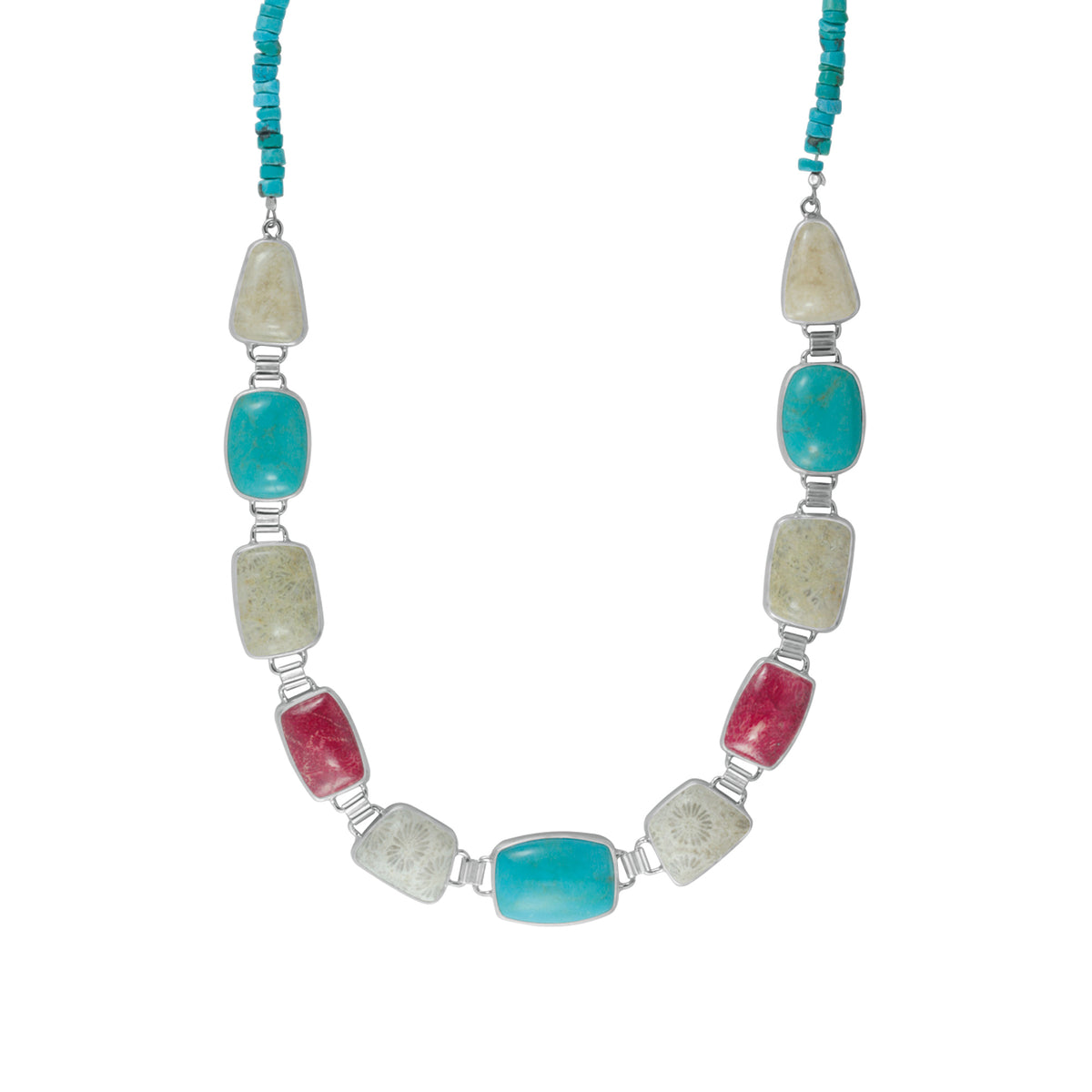 Sterling Silver Necklace With Tuquoise, Fassilized Coral, Sponge Coral Rectangle On Bead Tuqrquoise Chain