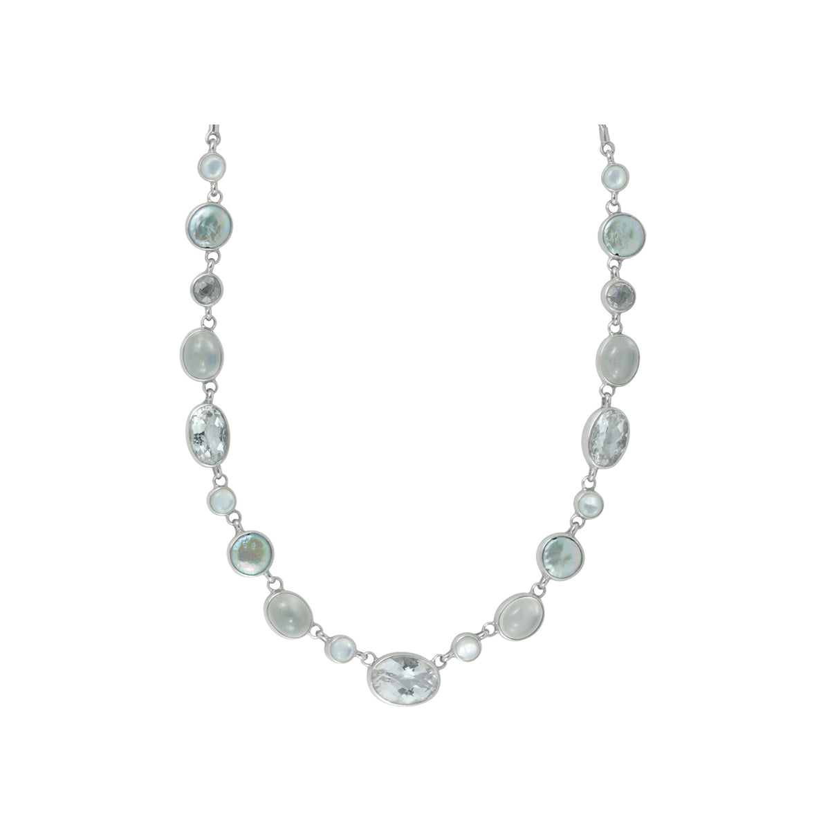 Sterling Silver Necklace With White Quarzt Rectangle Facet, Green Moon Of Pearl