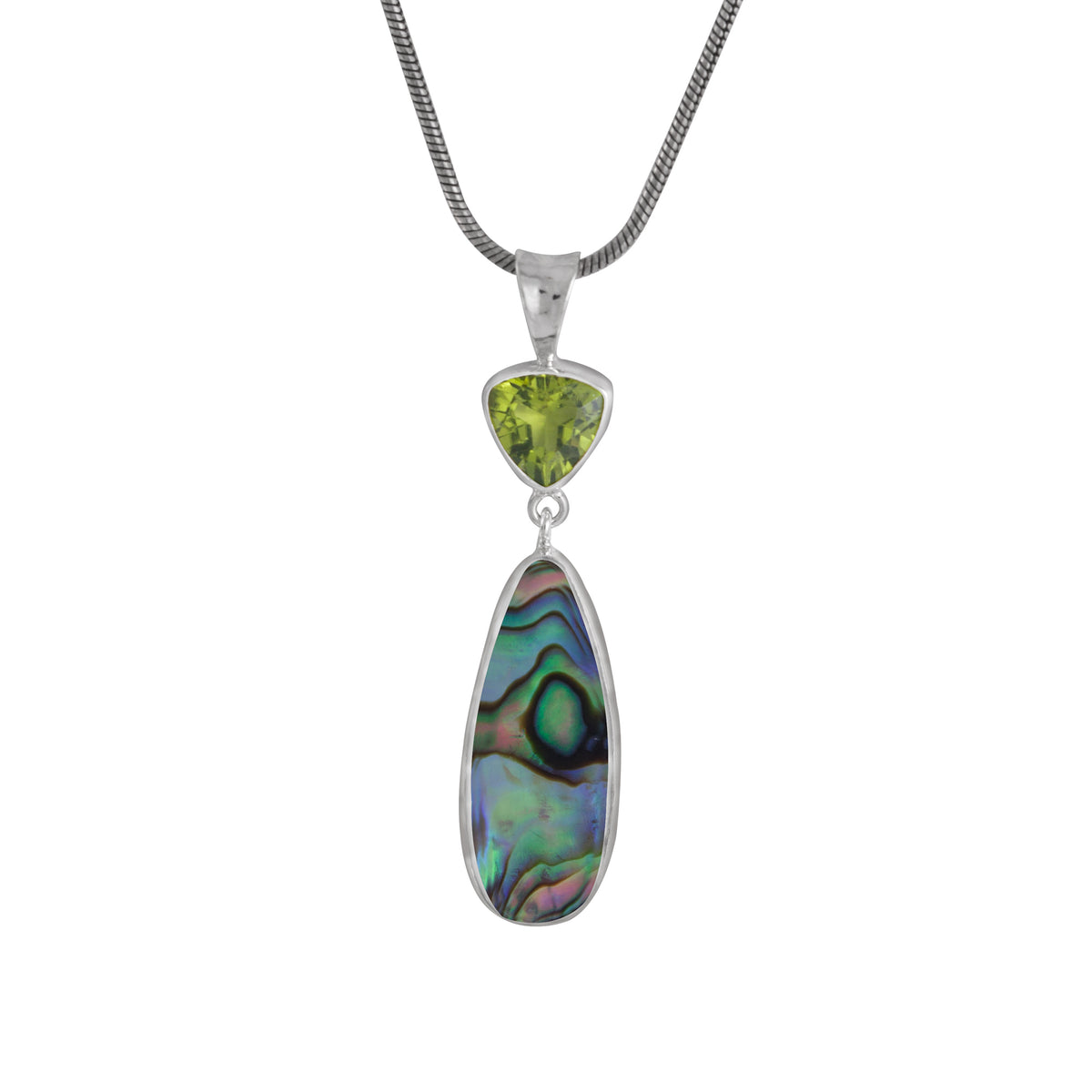 Sterling Silver Pendant With Peridot Triangle, Paua Tongue Drop