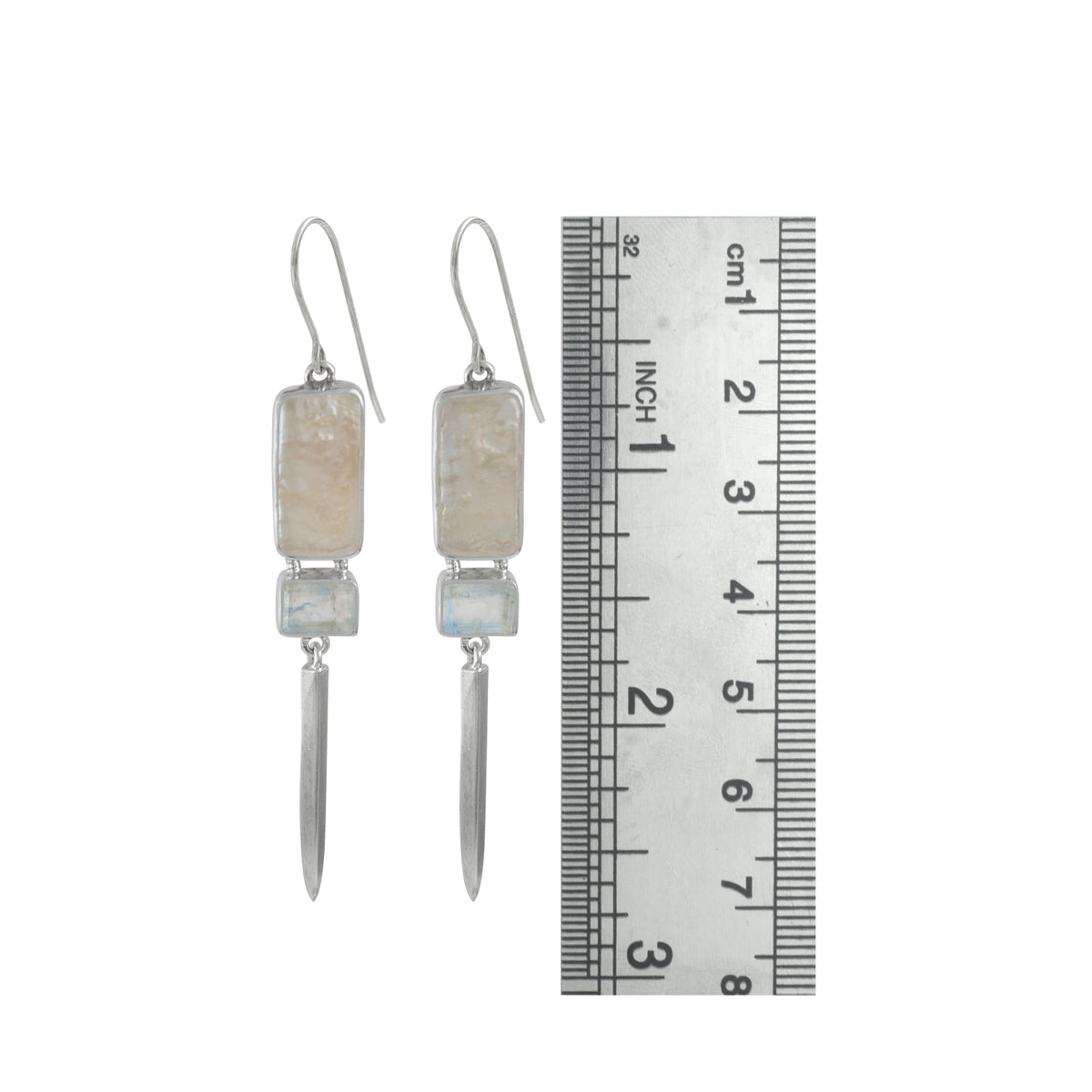 Sterling Silver Earring With Pearl Bronze, Rainbow Moonstone Rectangle